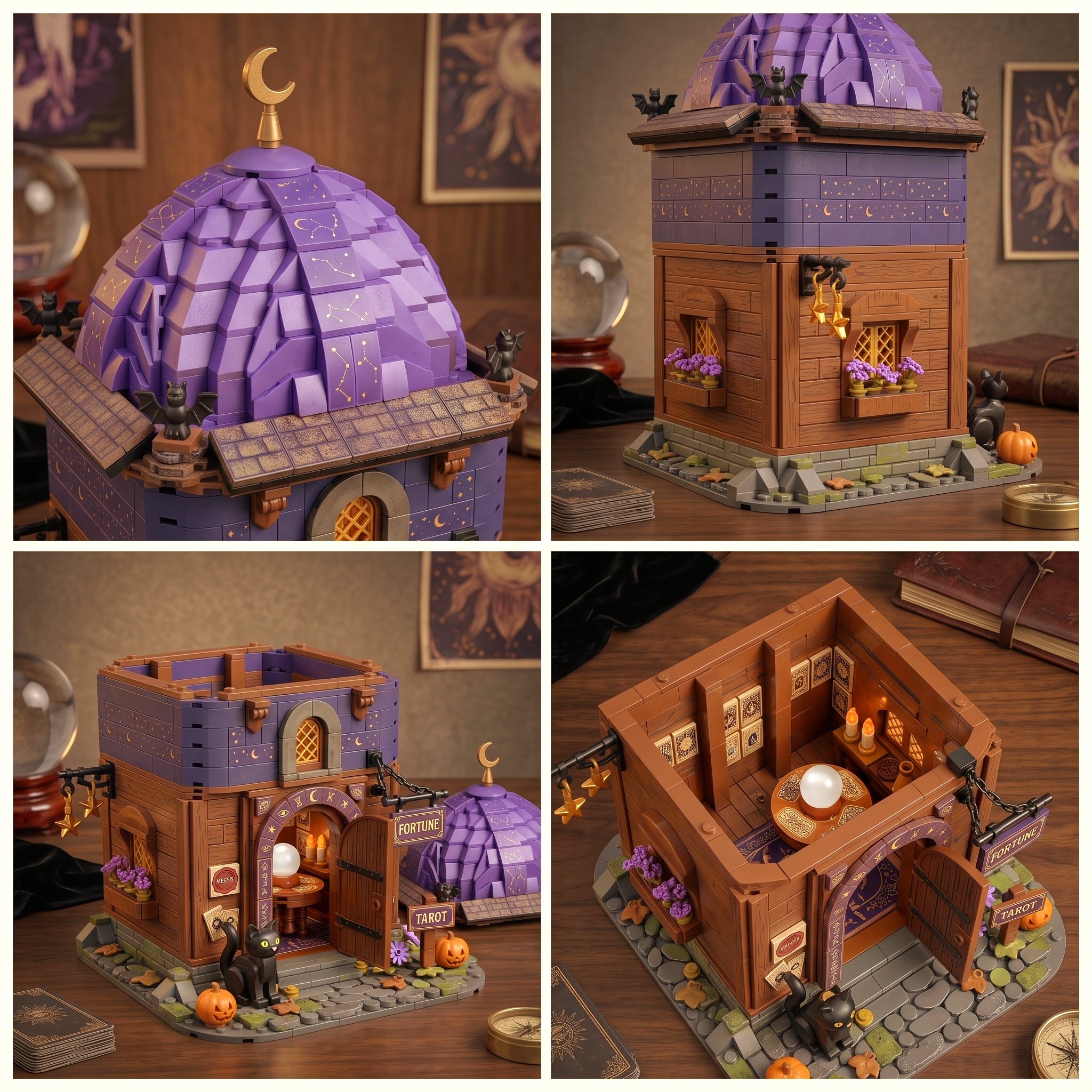 Halloween Black Cat Fortune‑Teller Shop Collectible Building‑Brick Set, Mystic Star‑Dome Building Decor