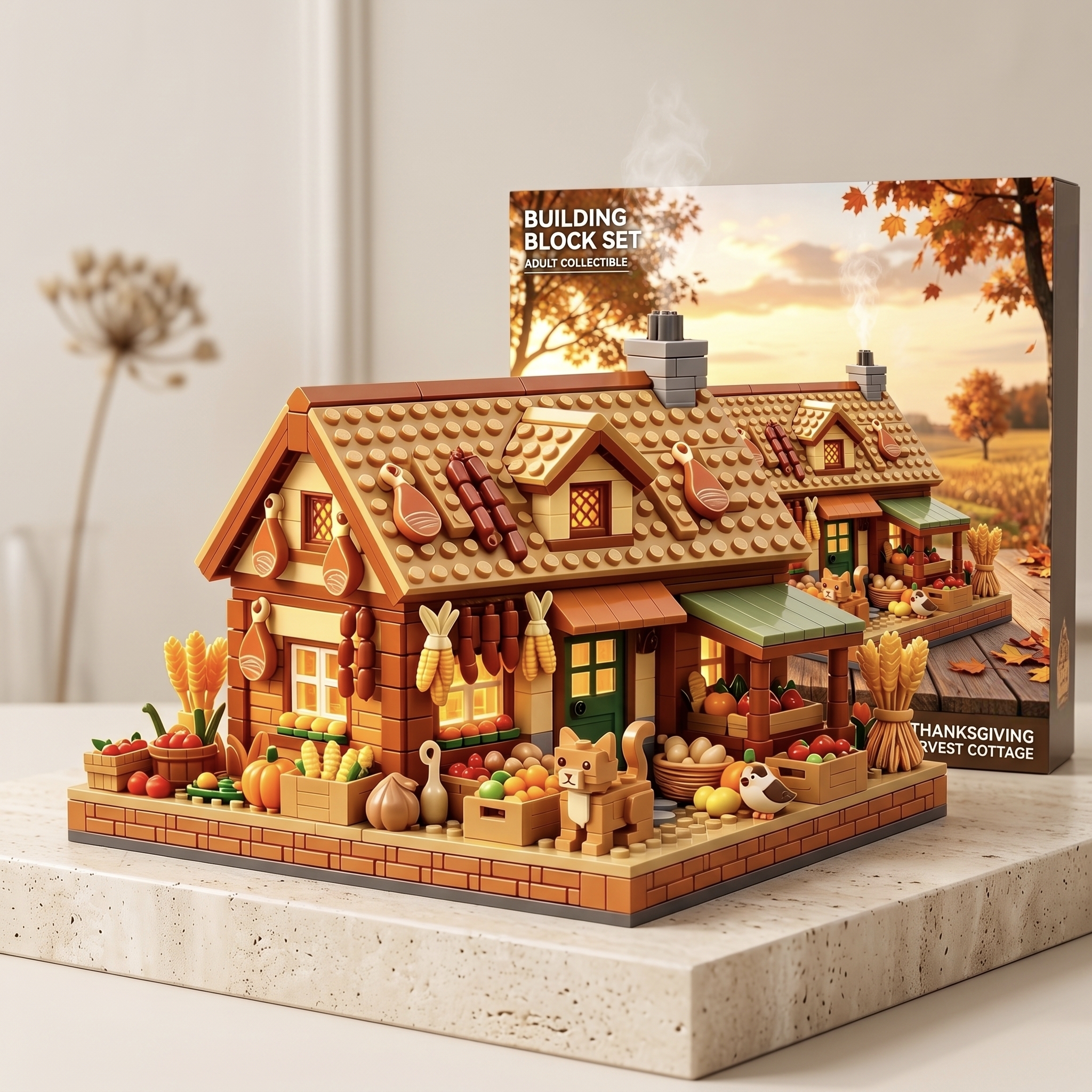 Thanksgiving Autumn Harvest Cabin Building‑brick Diorama, Fall Countryside Harvest Scene Model