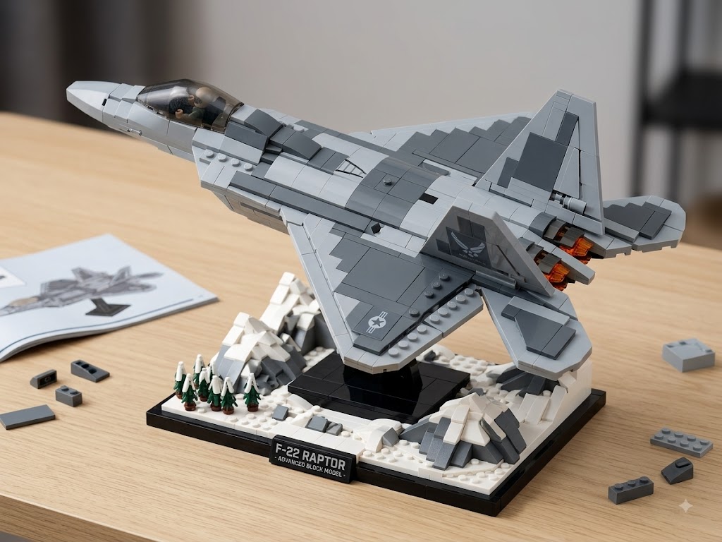 Advanced F-22 Raptor Stealth Fighter Jet Building Block Model - 1258 Pieces