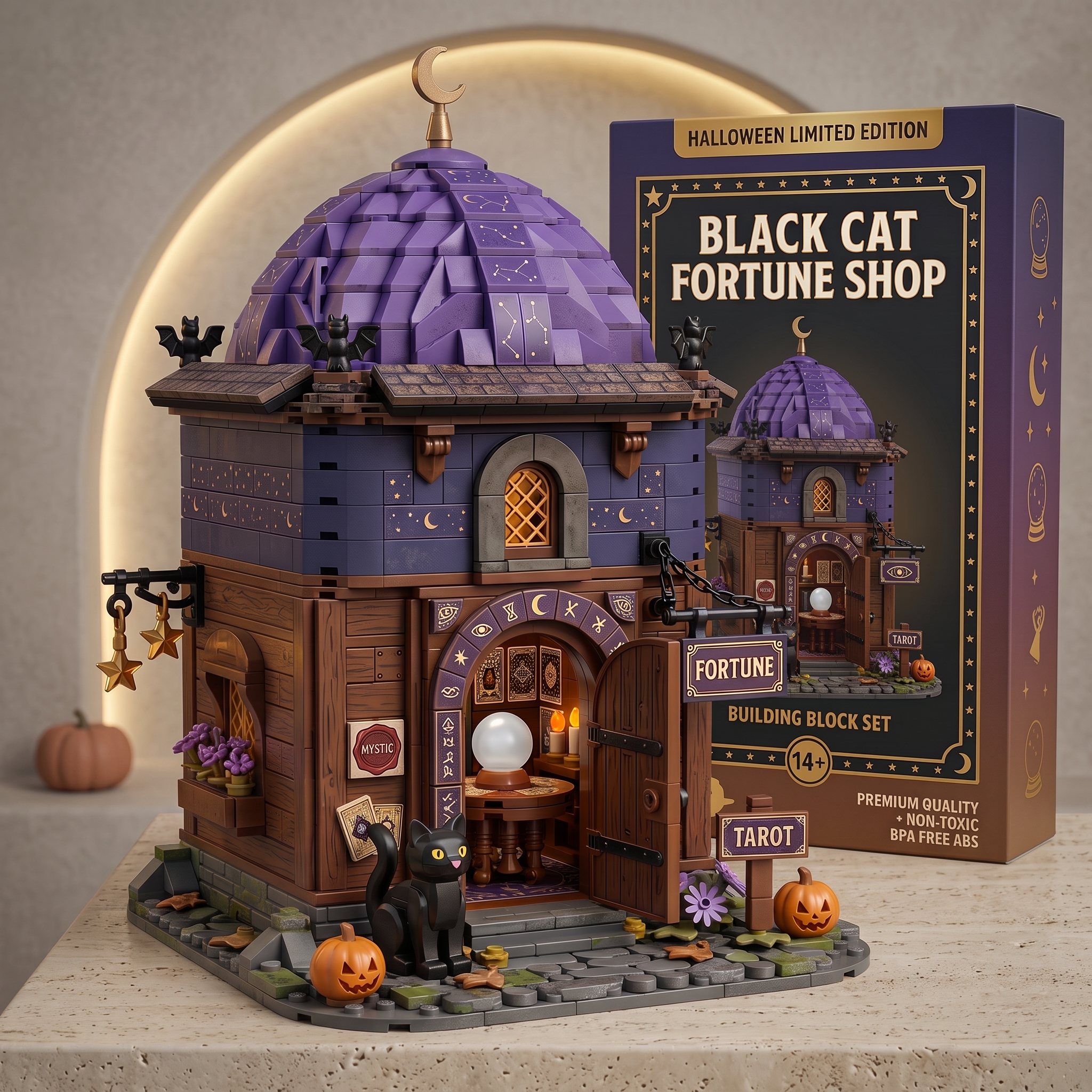 Halloween Black Cat Fortune‑Teller Shop Collectible Building‑Brick Set, Mystic Star‑Dome Building Decor