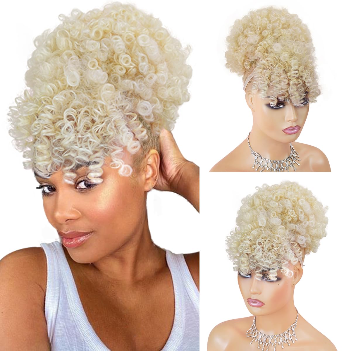 Drawstring Afro Puff Ponytail Extension for Black Women - Short Red Curly Ponytail with Bangs Clip in Wrap Updo Hairpieces