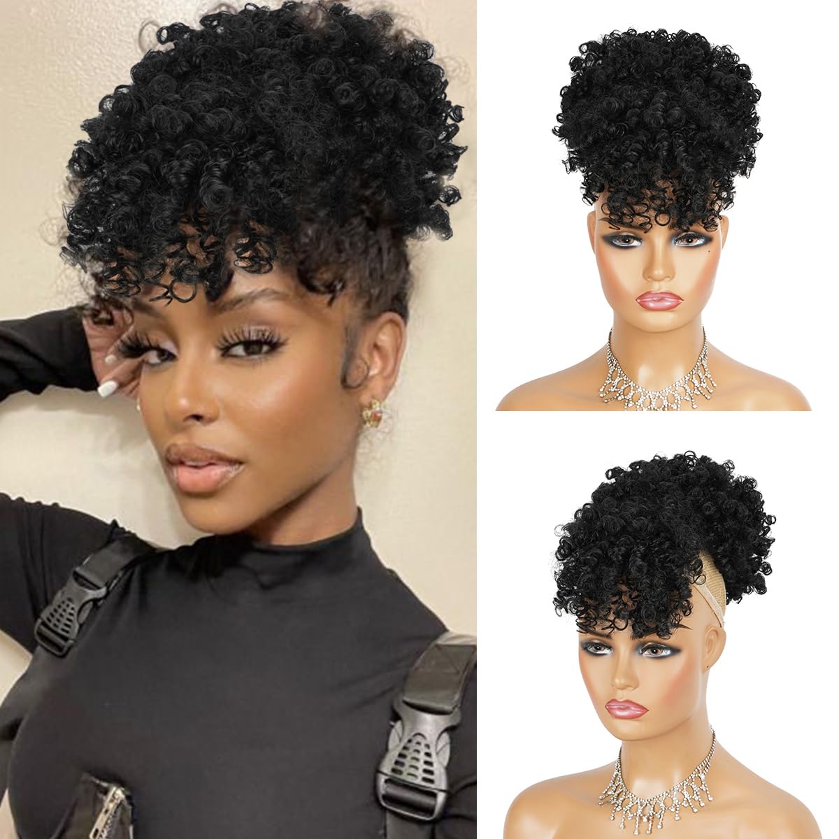 Drawstring Afro Puff Ponytail Extension for Black Women - Short Red Curly Ponytail with Bangs Clip in Wrap Updo Hairpieces