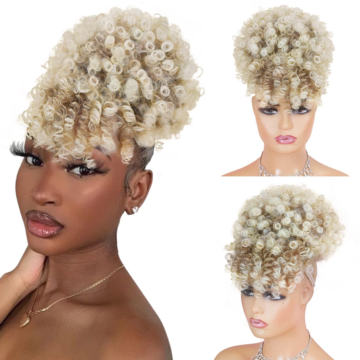 Drawstring Afro Puff Ponytail Extension for Black Women - Short Red Curly Ponytail with Bangs Clip in Wrap Updo Hairpieces