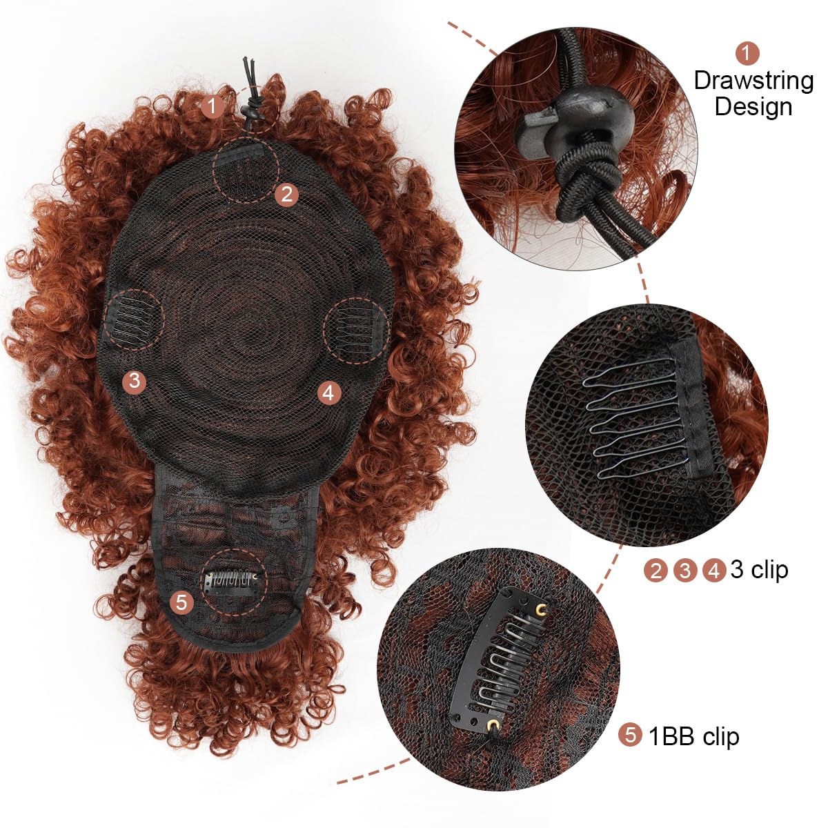 Drawstring Afro Puff Ponytail Extension for Black Women - Short Red Curly Ponytail with Bangs Clip in Wrap Updo Hairpieces