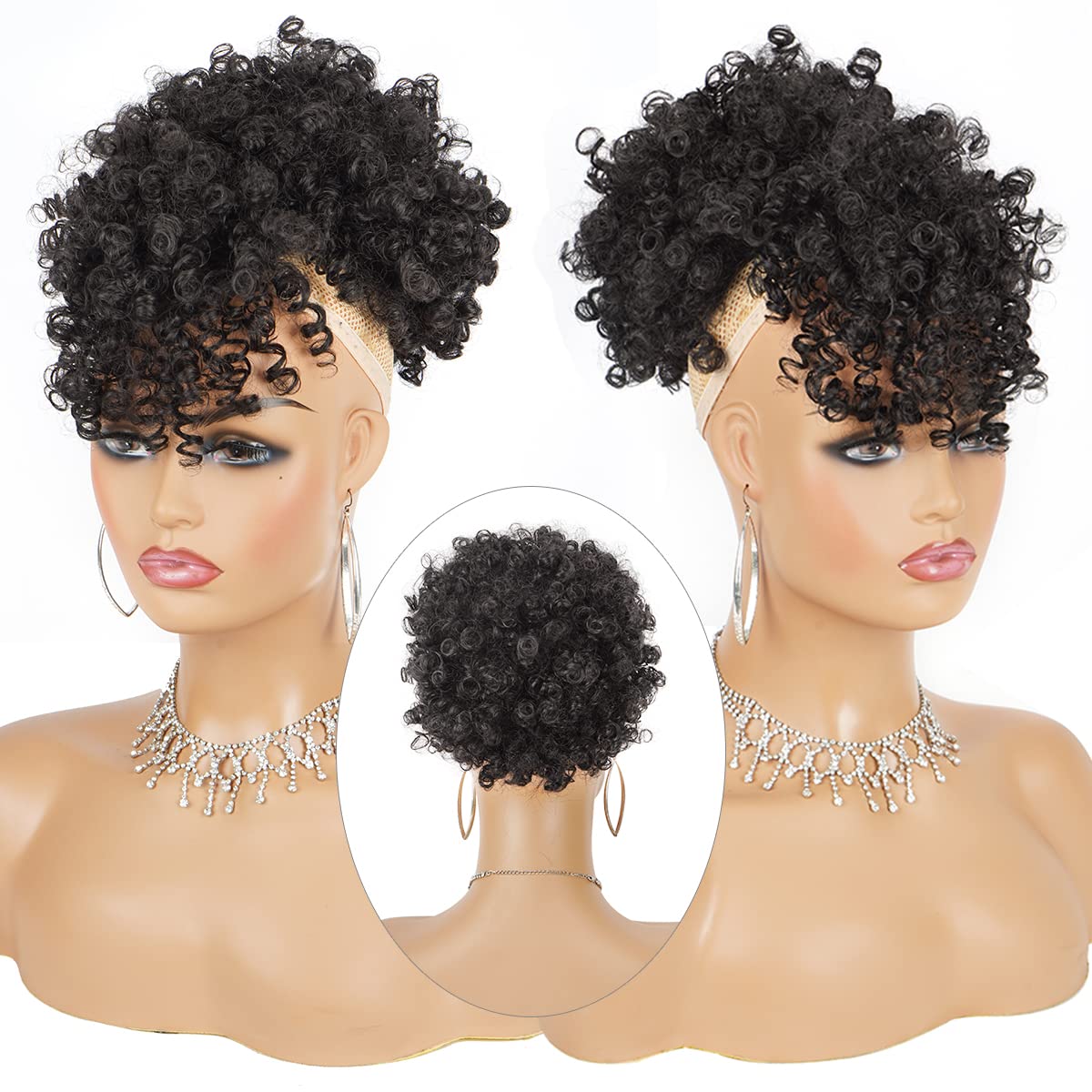 Drawstring Afro Puff Ponytail Extension for Black Women - Short Red Curly Ponytail with Bangs Clip in Wrap Updo Hairpieces