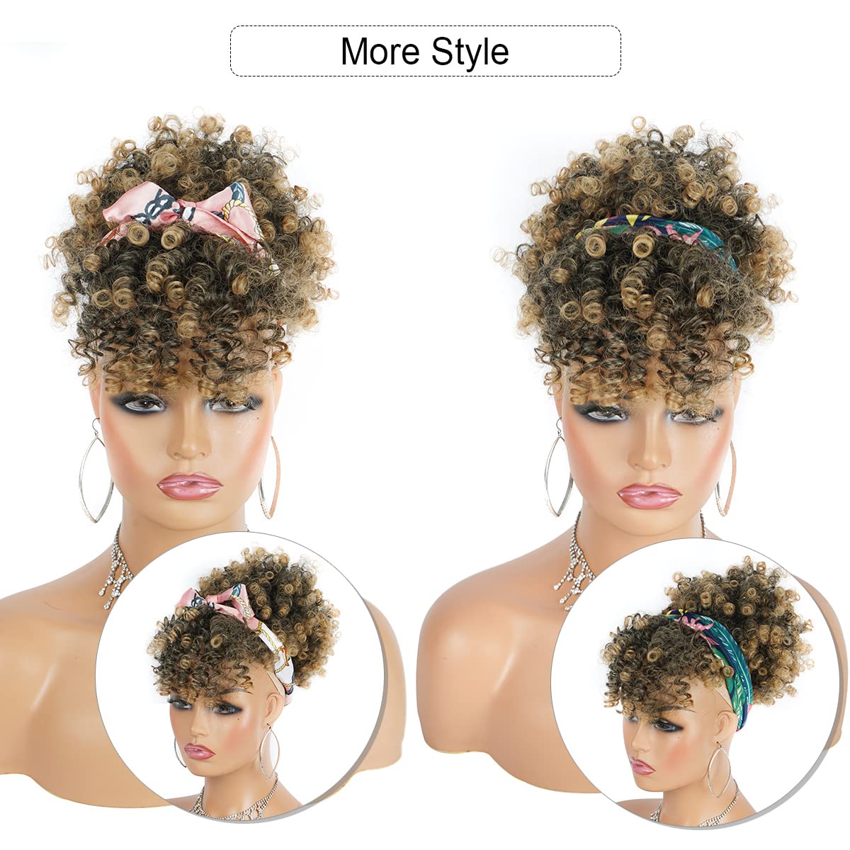 Drawstring Afro Puff Ponytail Extension for Black Women - Short Red Curly Ponytail with Bangs Clip in Wrap Updo Hairpieces