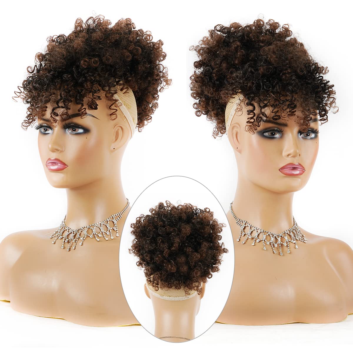 Drawstring Afro Puff Ponytail Extension for Black Women - Short Red Curly Ponytail with Bangs Clip in Wrap Updo Hairpieces