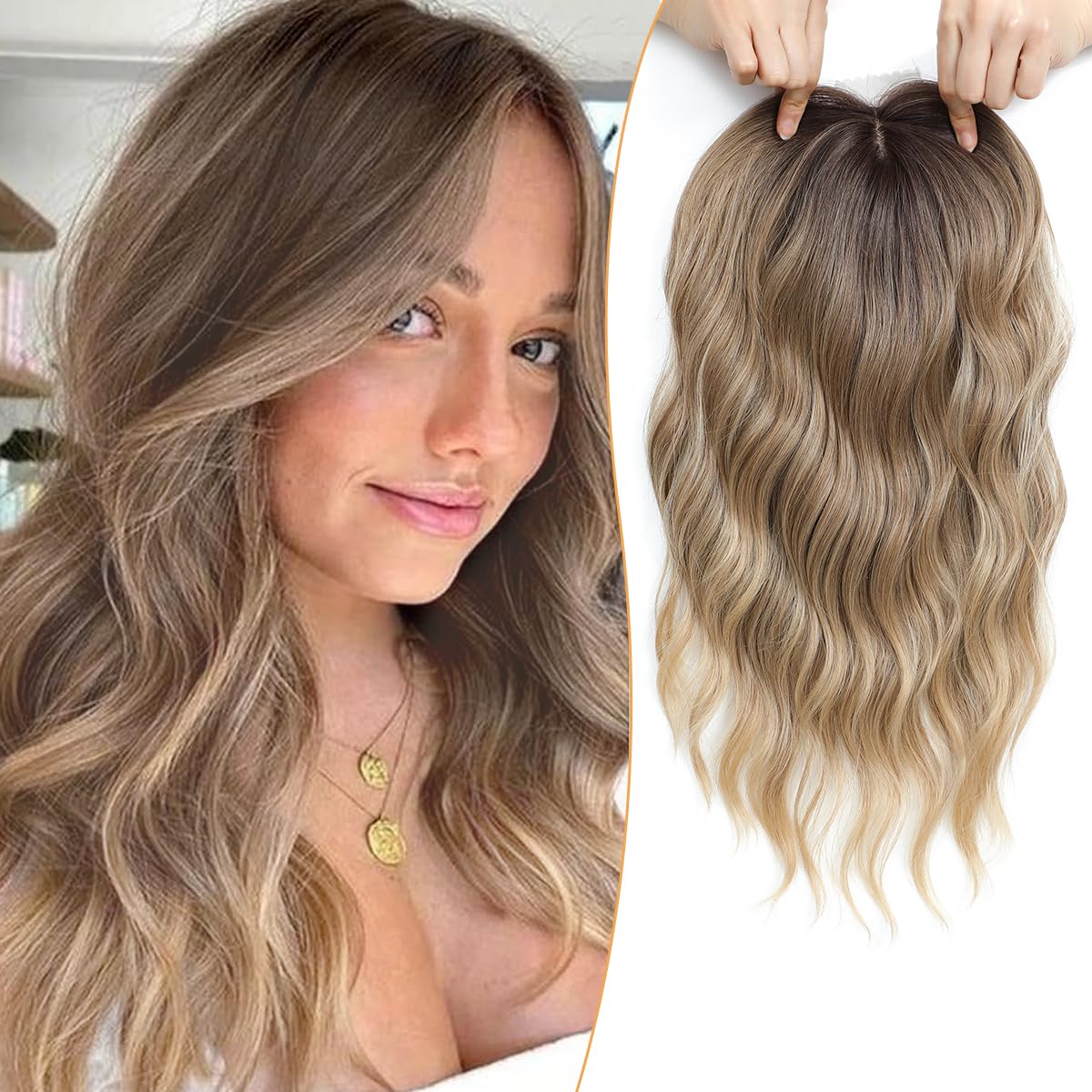 HOT SALE🔥100% Human Wavy Curly Hair Topper with Dark Root - Clip In Hair Topper for Women