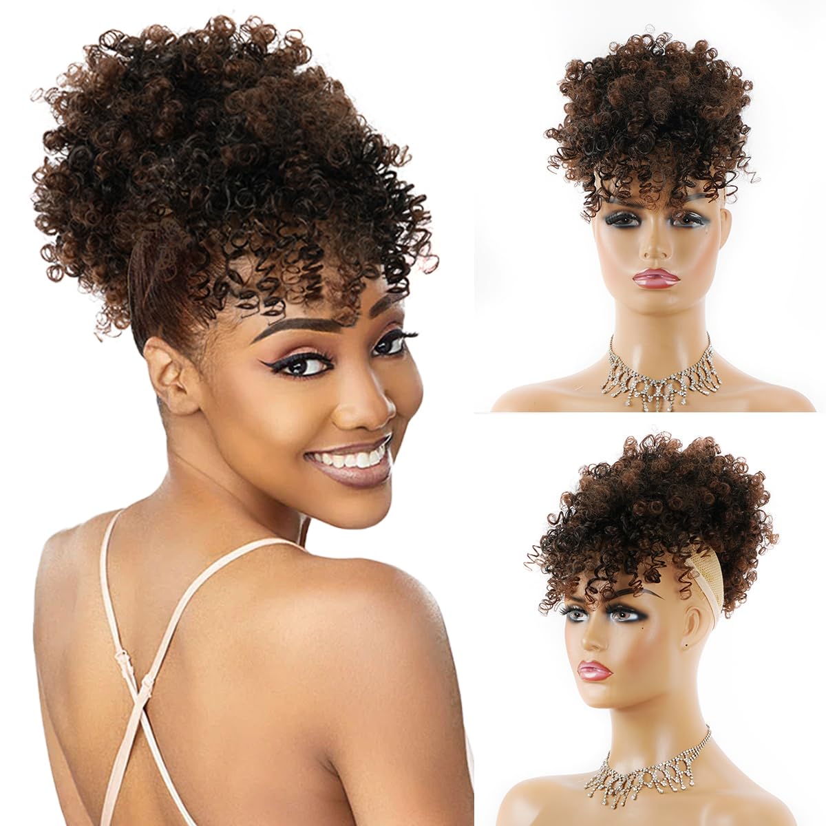 Drawstring Afro Puff Ponytail Extension for Black Women - Short Red Curly Ponytail with Bangs Clip in Wrap Updo Hairpieces