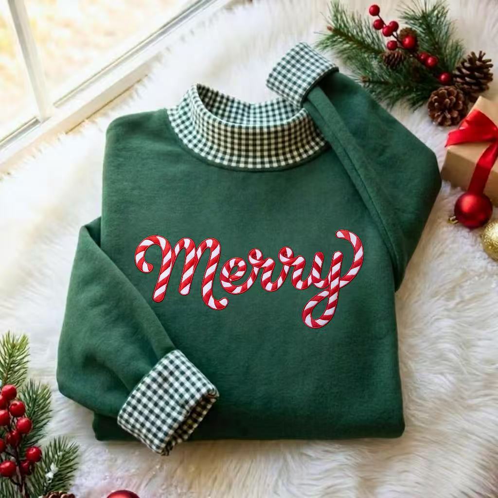 Merry Candy Cane Christmas Gingham Mockneck Sweatshirt
