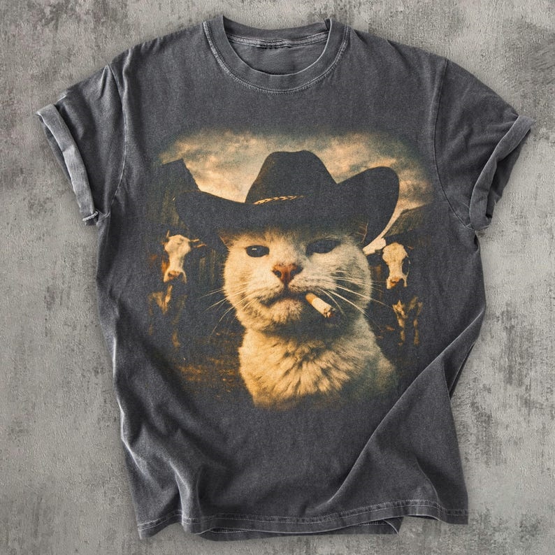 Vintage Cowboy Cat Portrait T‑Shirt