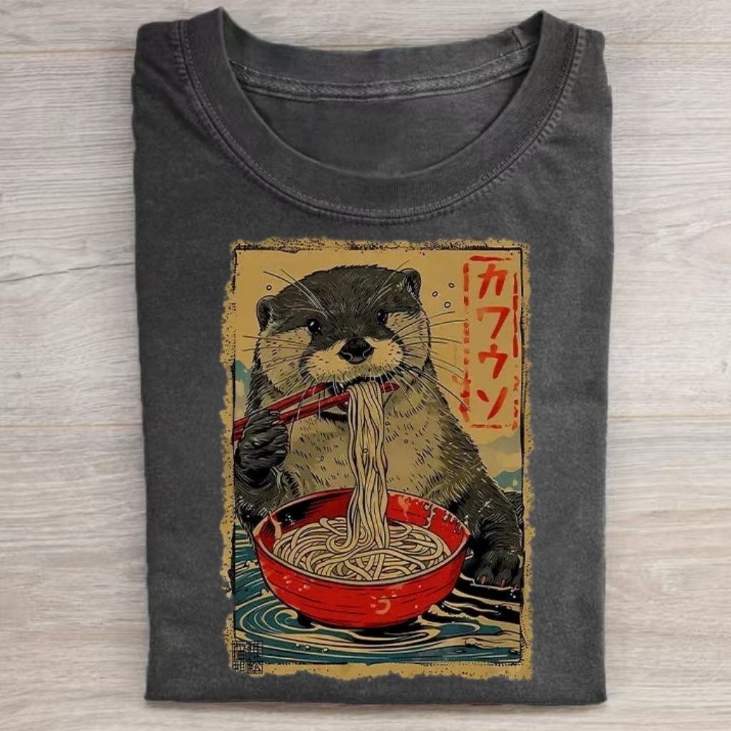 Otter Enjoying Ramen Retro Ukiyo‑e T‑Shirt