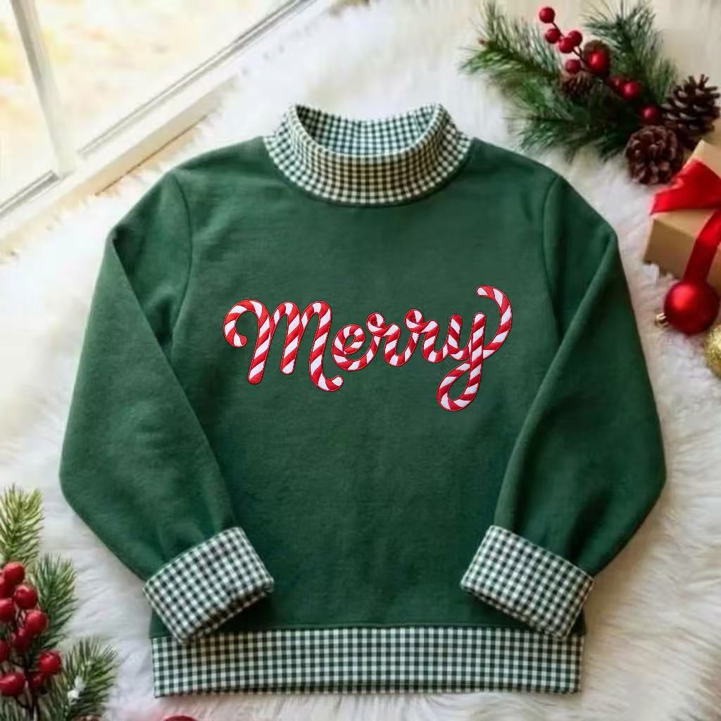 Merry Candy Cane Christmas Gingham Mockneck Sweatshirt
