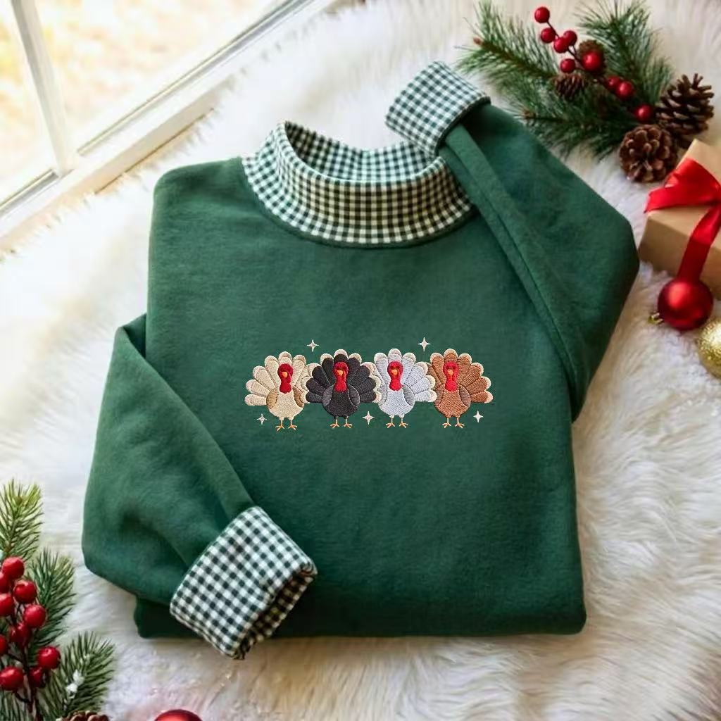 Cute Turkey Crew Thanksgiving Gingham Mockneck Sweatshirt