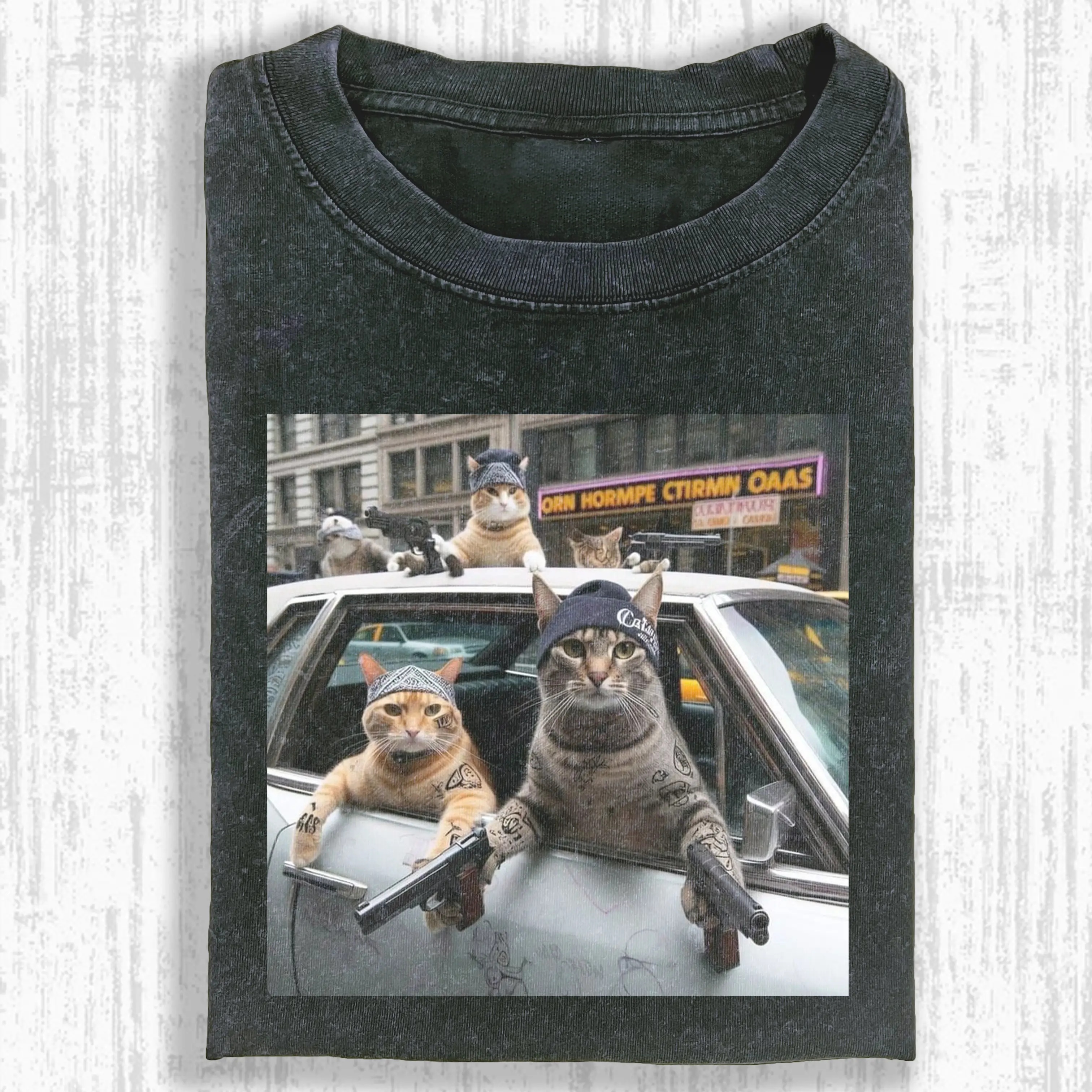 Gangster Cats Car Crew Graphic T‑Shirt