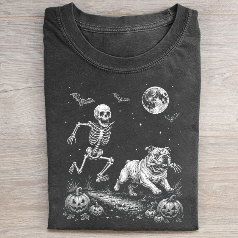 Funny Skeleton Chasing English Bulldog T-shirt