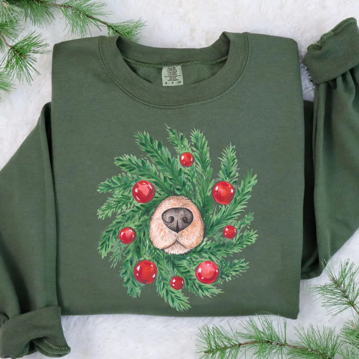 Comfort Color Cute Dog Nose Christmas Wreath T-shirt/Sweatshirt-Magmoo