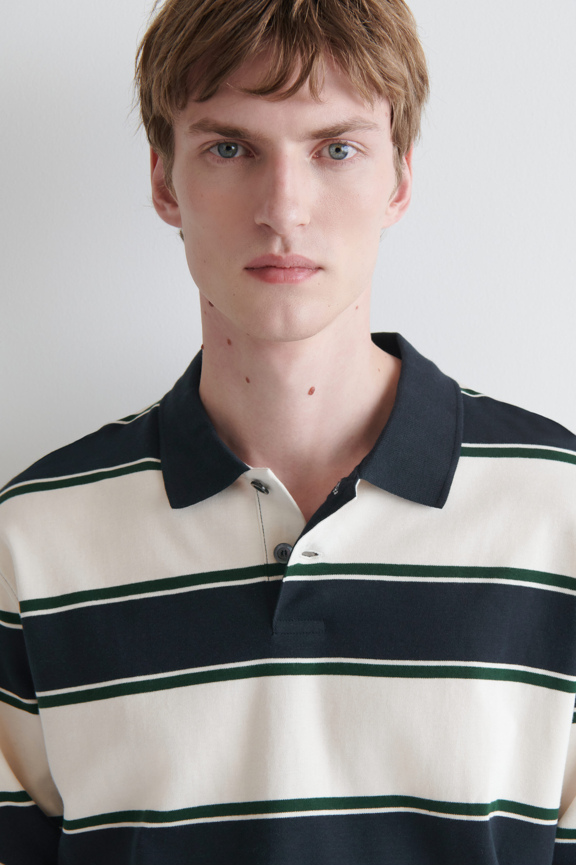 INTERLOCK COTTON POLO SHIRT - WHITE / NAVY / STRIPED
