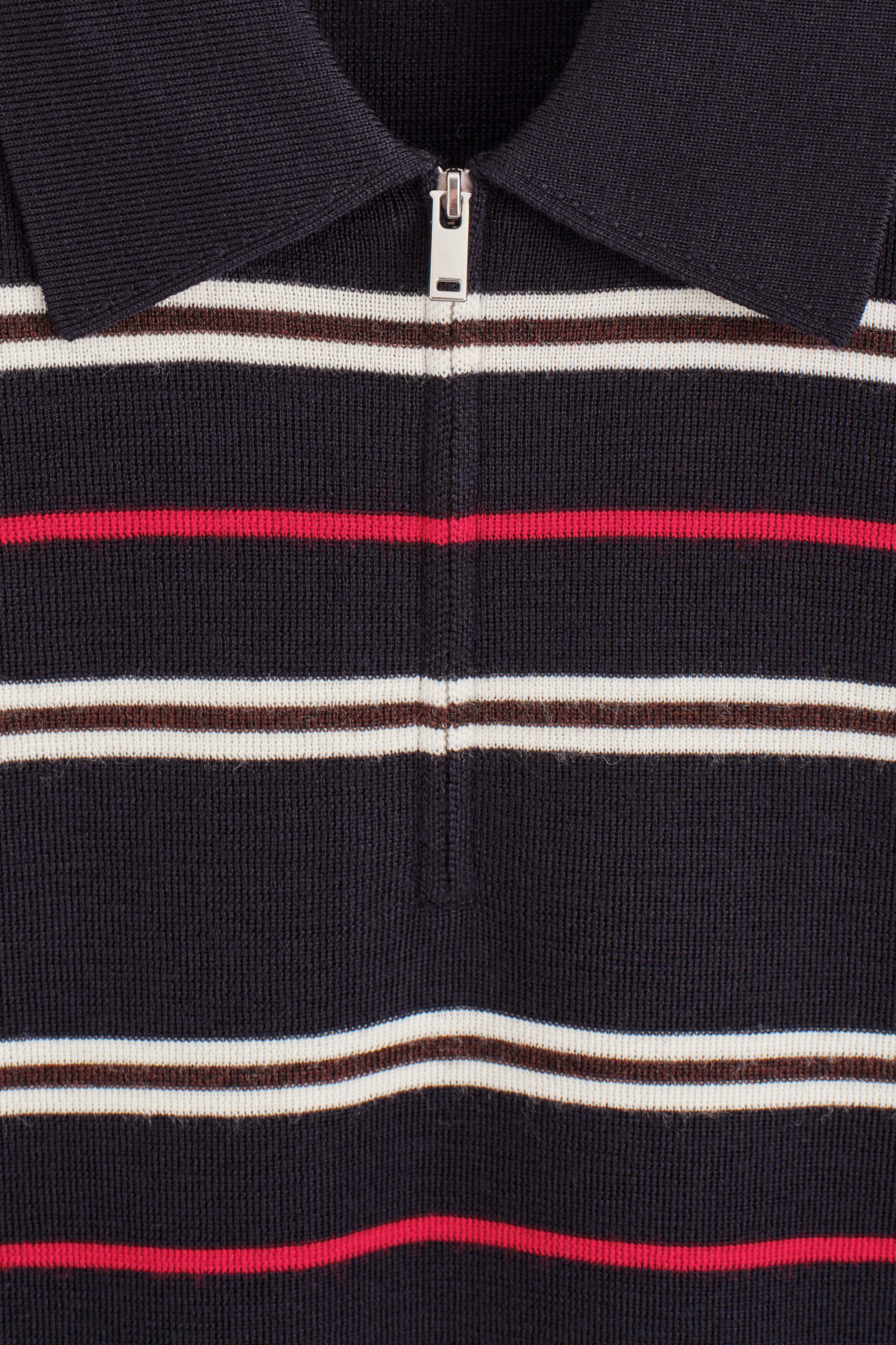 MERINO WOOL ZIP-UP POLO SHIRT - NAVY / RED / STRIPED