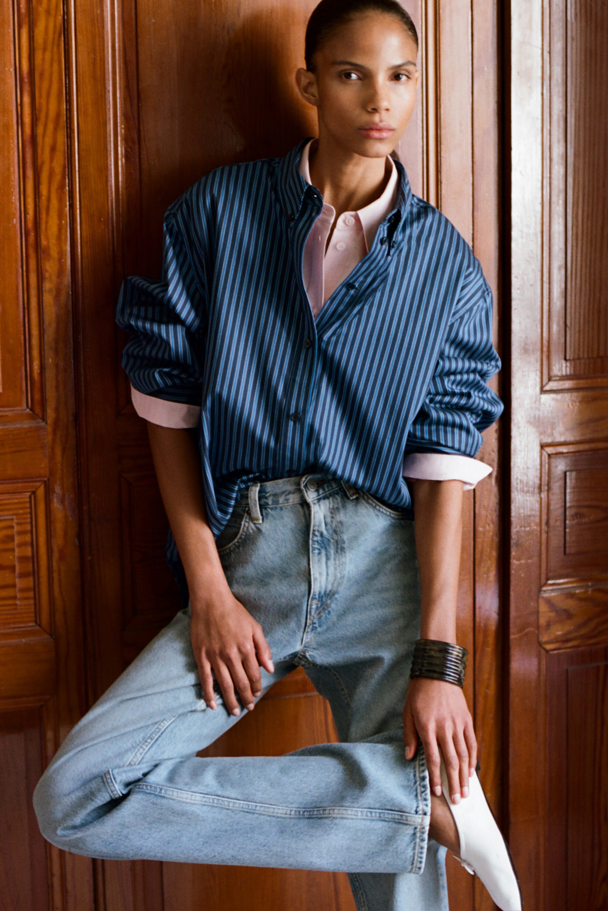 FOLDED-CUFF COTTON SHIRT - BLUE / STRIPED