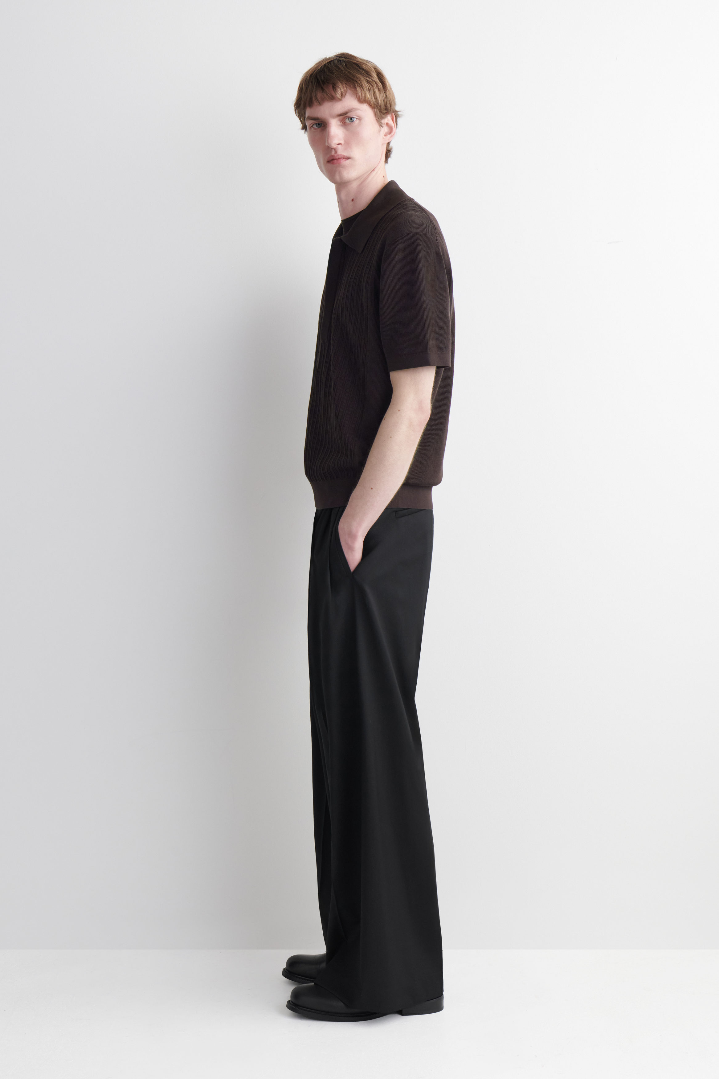 TEXTURED-PANEL COTTON POLO SHIRT - DARK BROWN