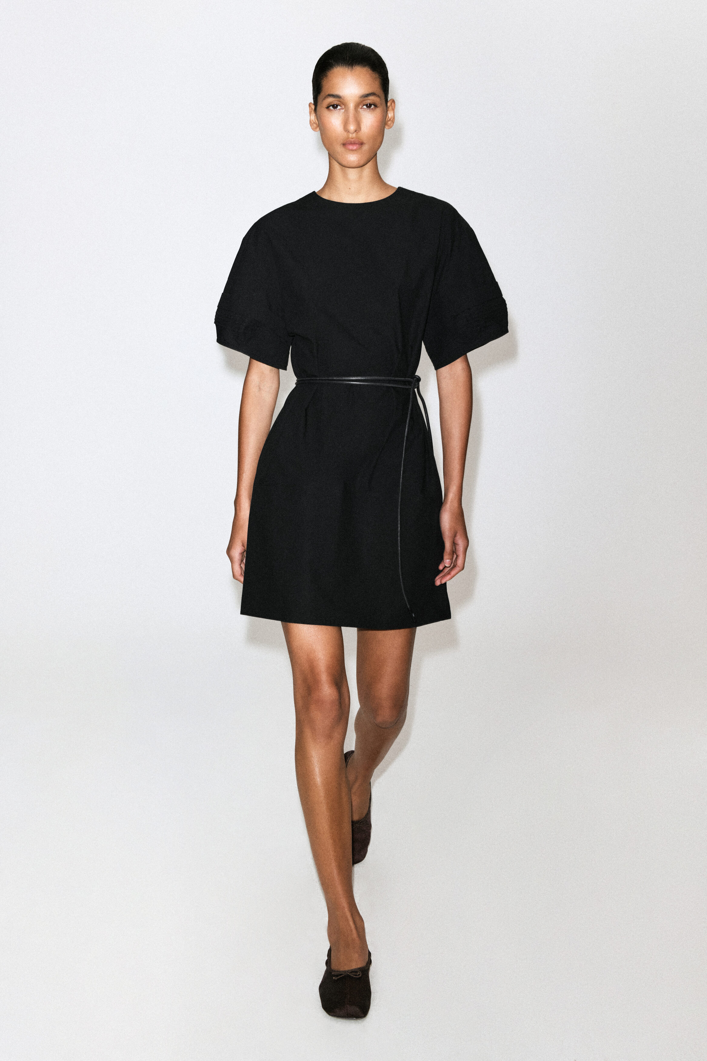 PINTUCKED COTTON MINI DRESS - BLACK