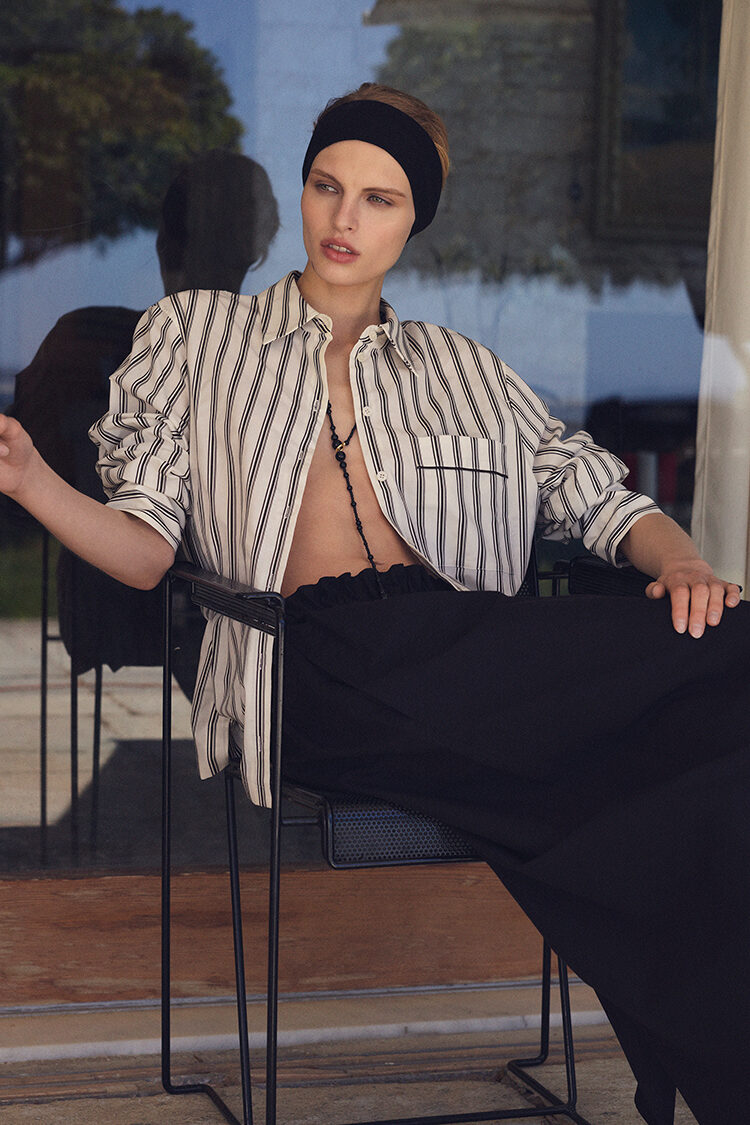 PIPED STRIPED COTTON SHIRT - WHITE / BROWN / STRIPED