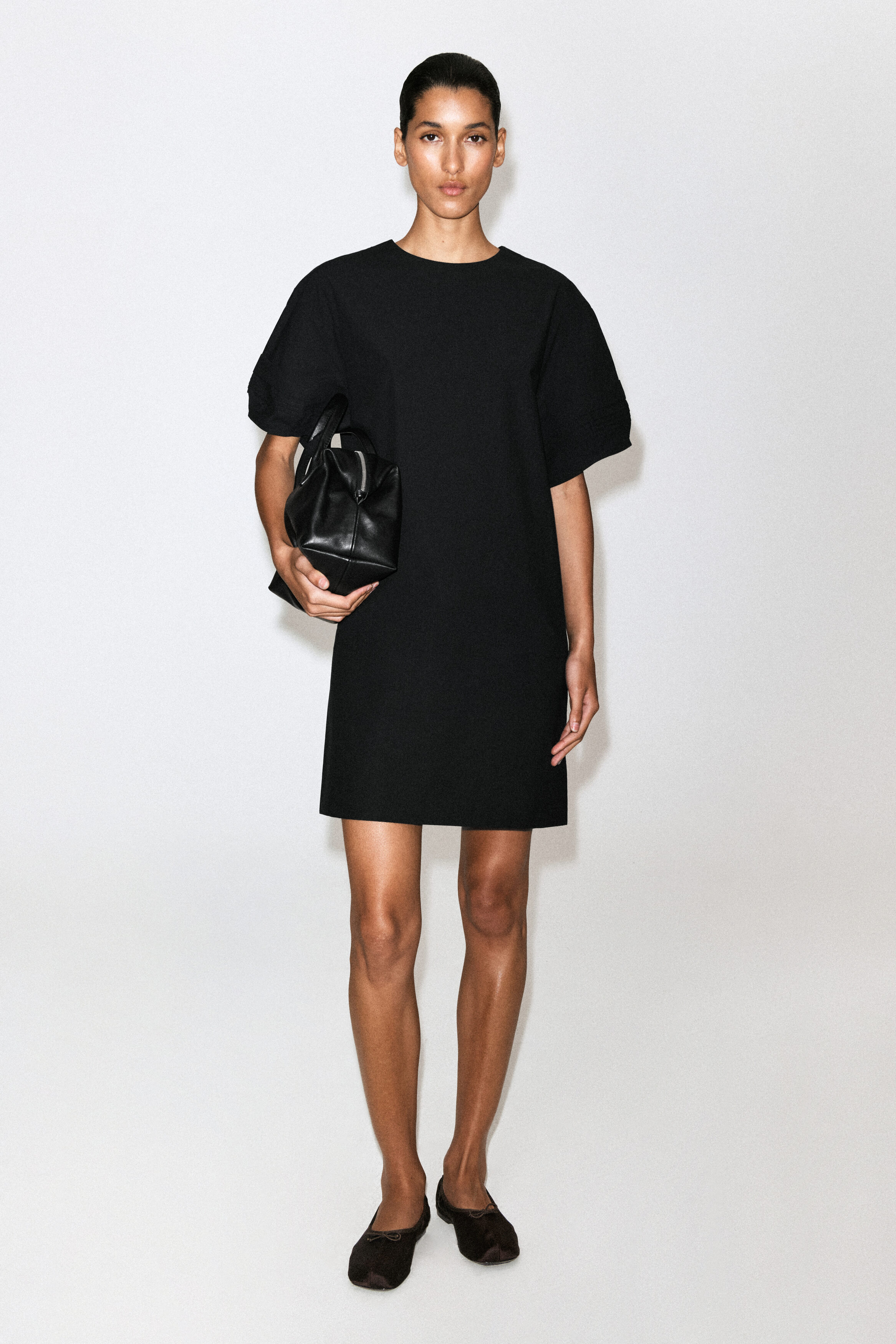 PINTUCKED COTTON MINI DRESS - BLACK