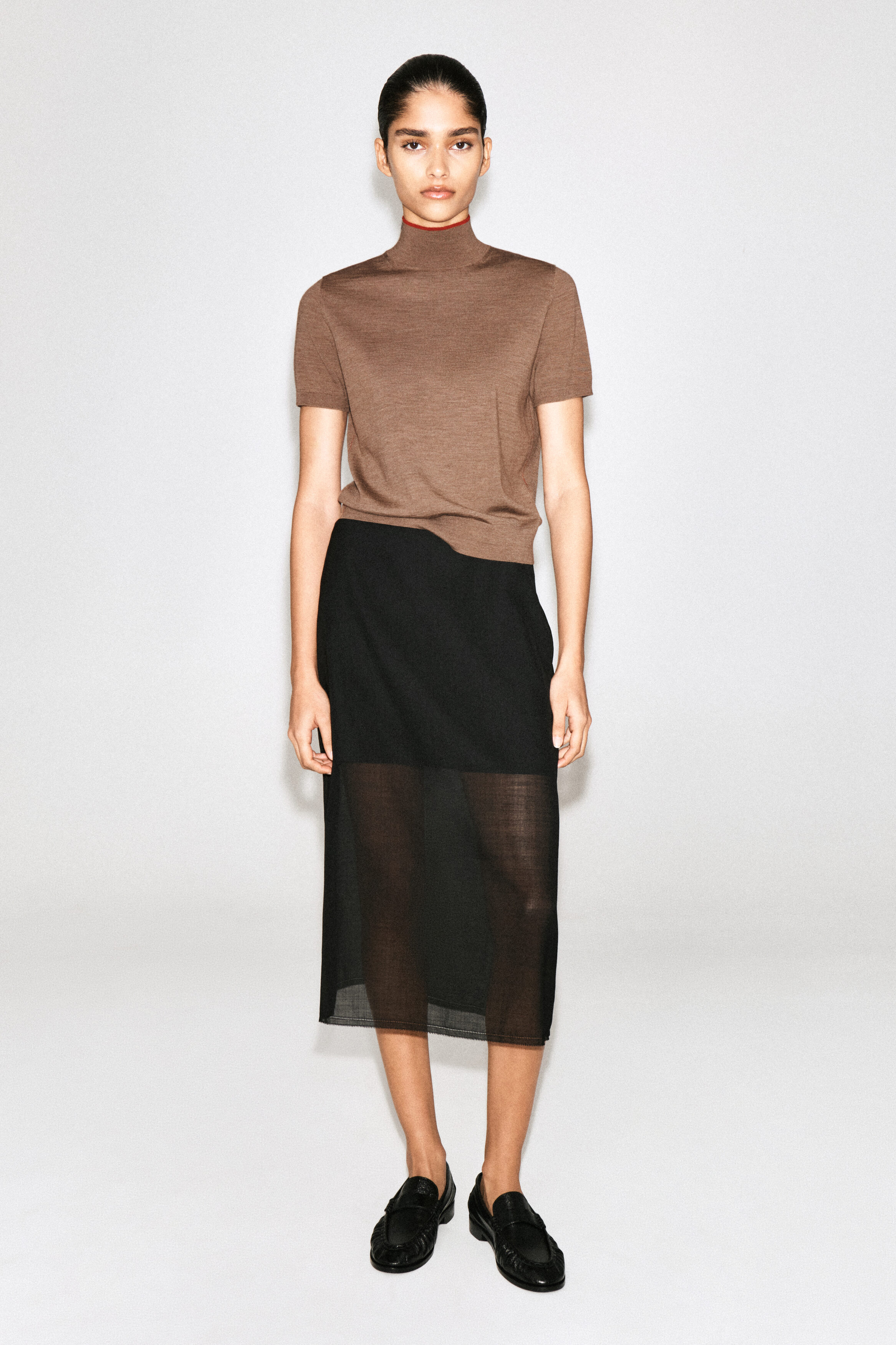 MERINO WOOL TURTLENECK TOP - BEIGE MÉLANGE / RED