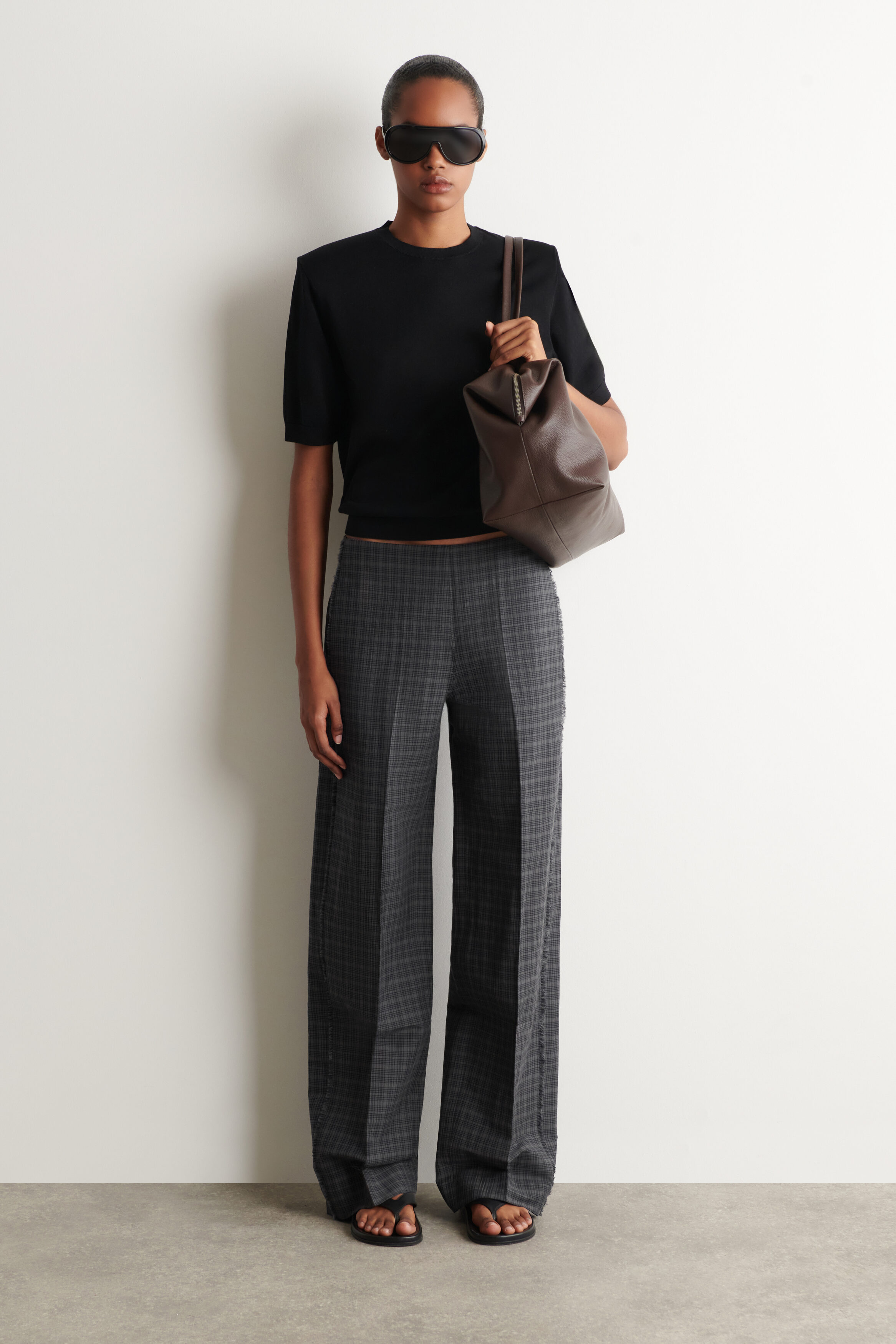 FRINGED CHECKED LINEN-COTTON PANTS - GRAY / BROWN / CHECKED
