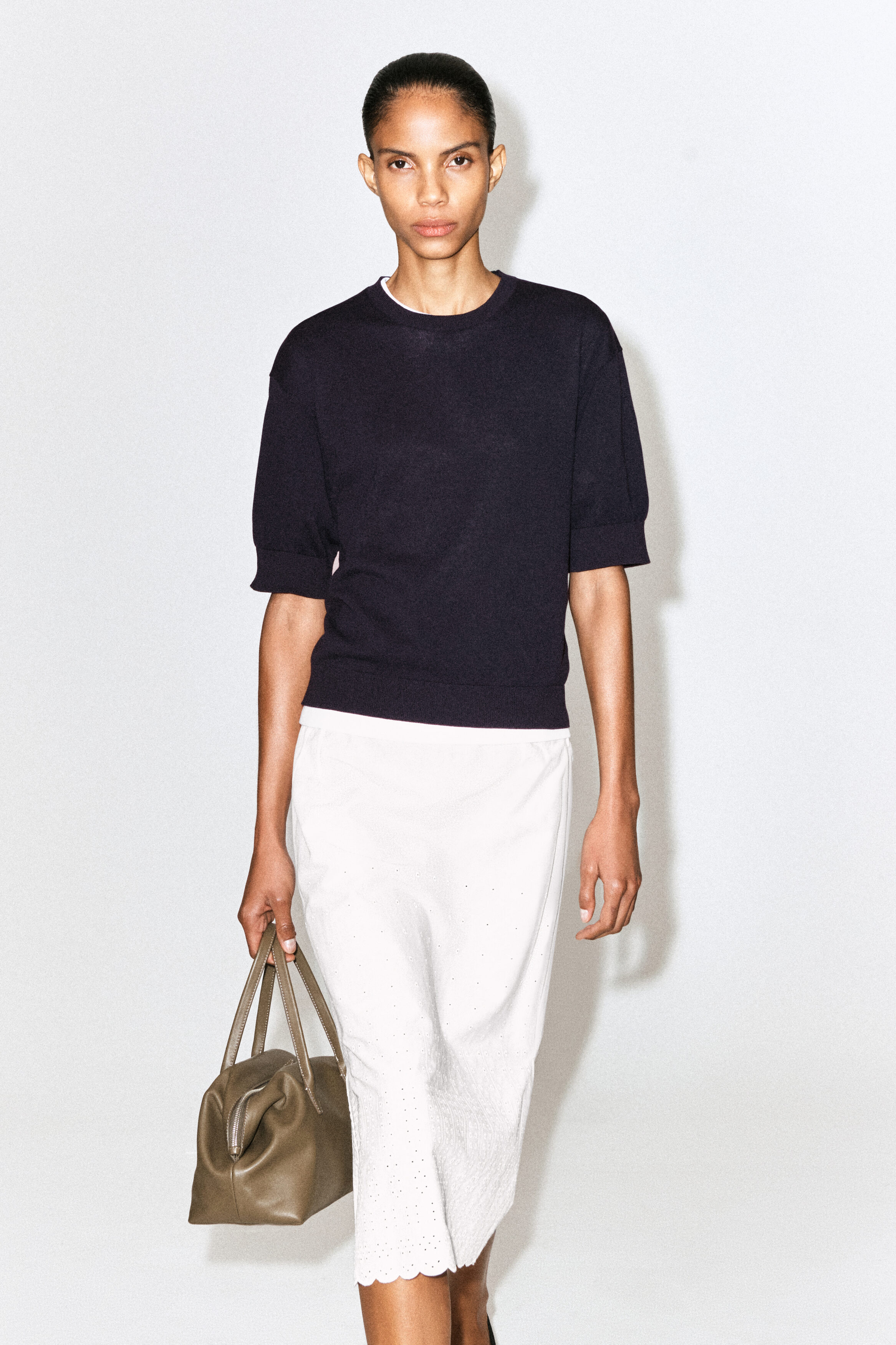 KNITTED COTTON T-SHIRT - NAVY