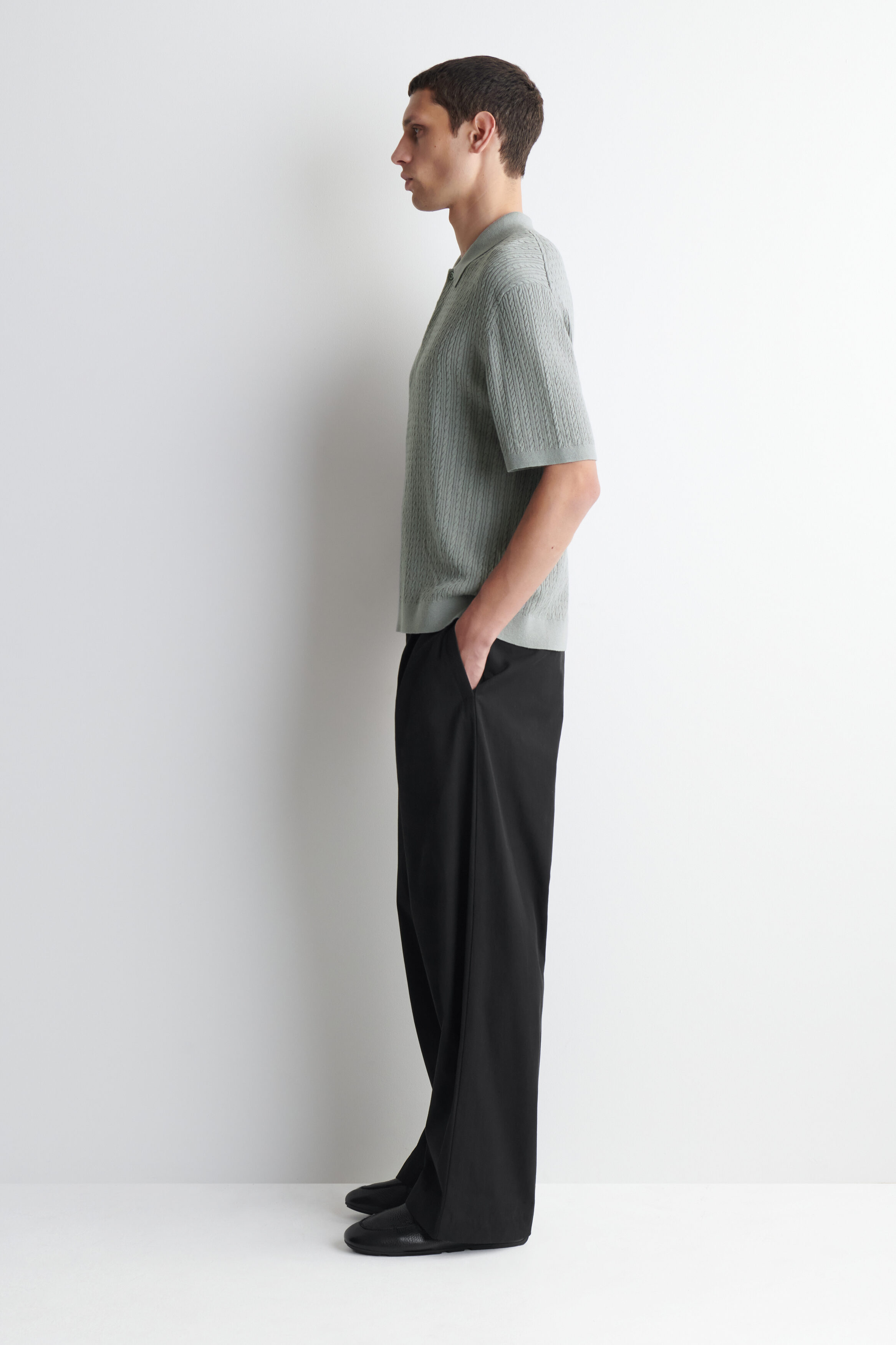 CABLE-KNIT COTTON-LINEN POLO SHIRT - GRAY