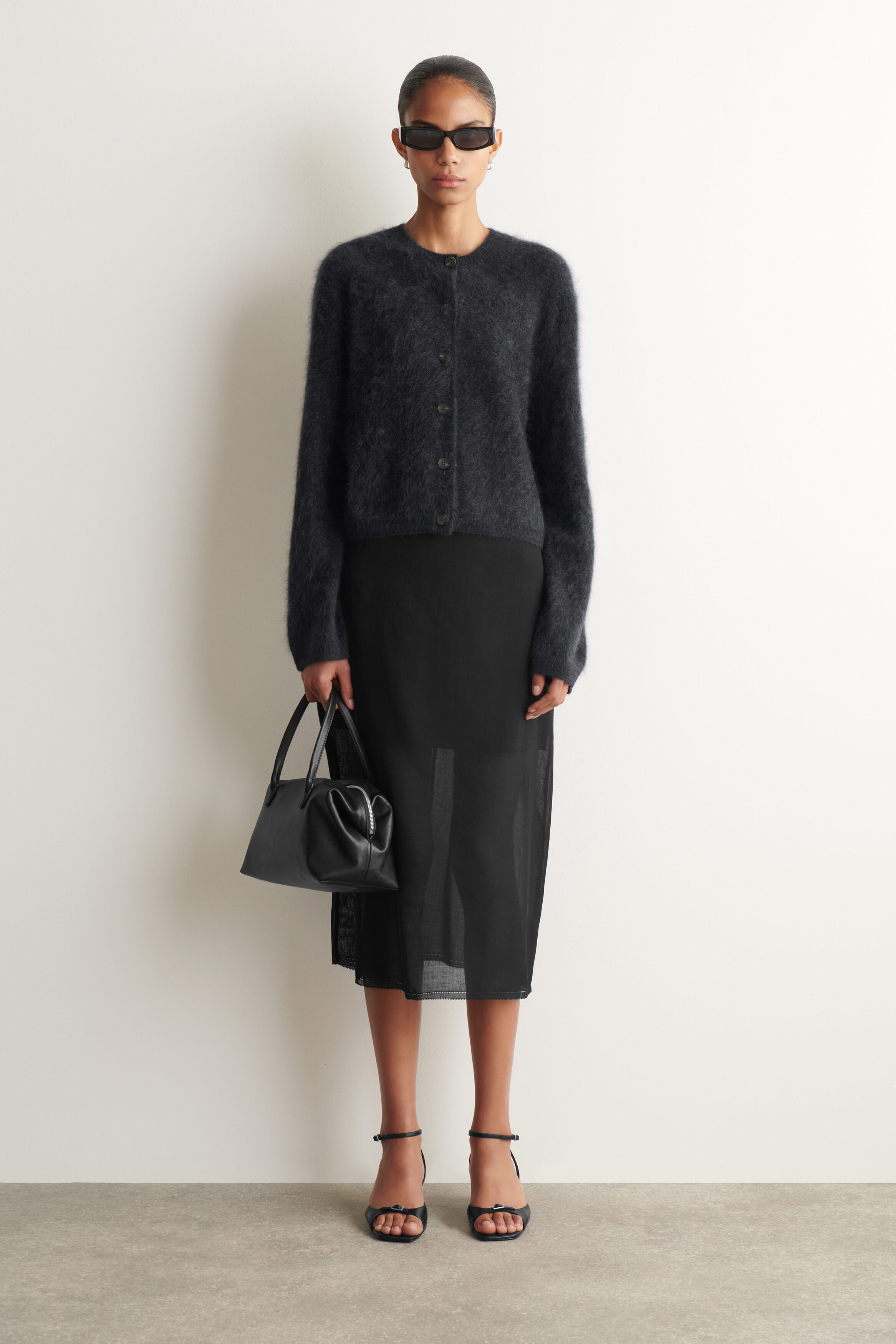 BRUSHED-CASHMERE CREW-NECK CARDIGAN - DARK GRAY