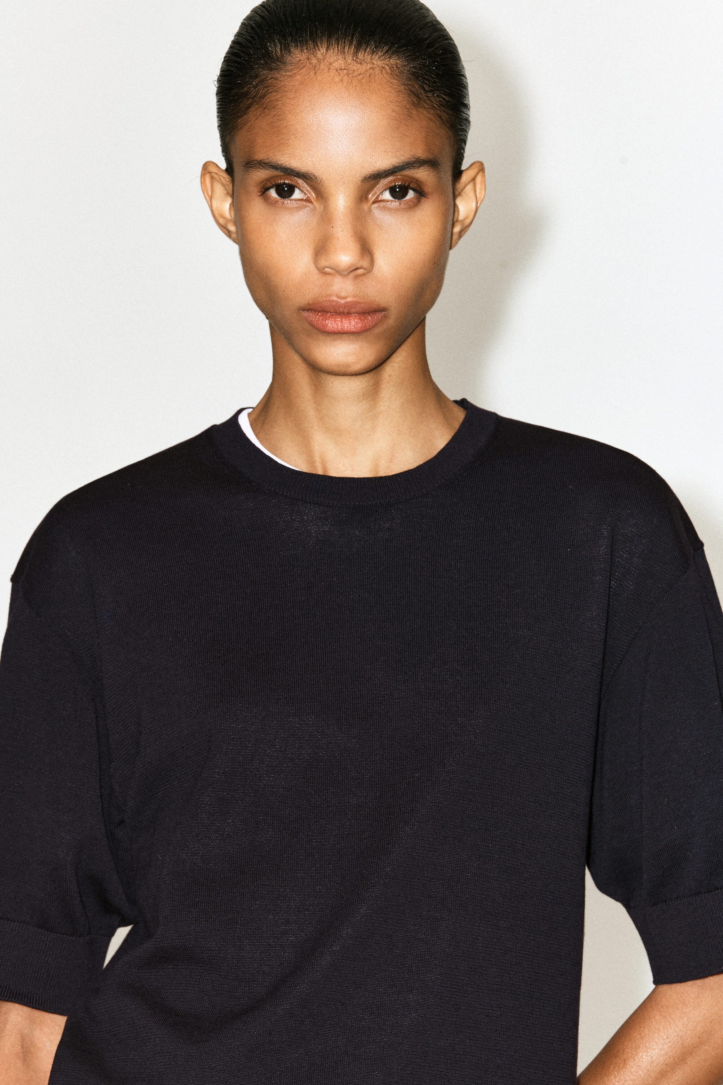 KNITTED COTTON T-SHIRT - NAVY