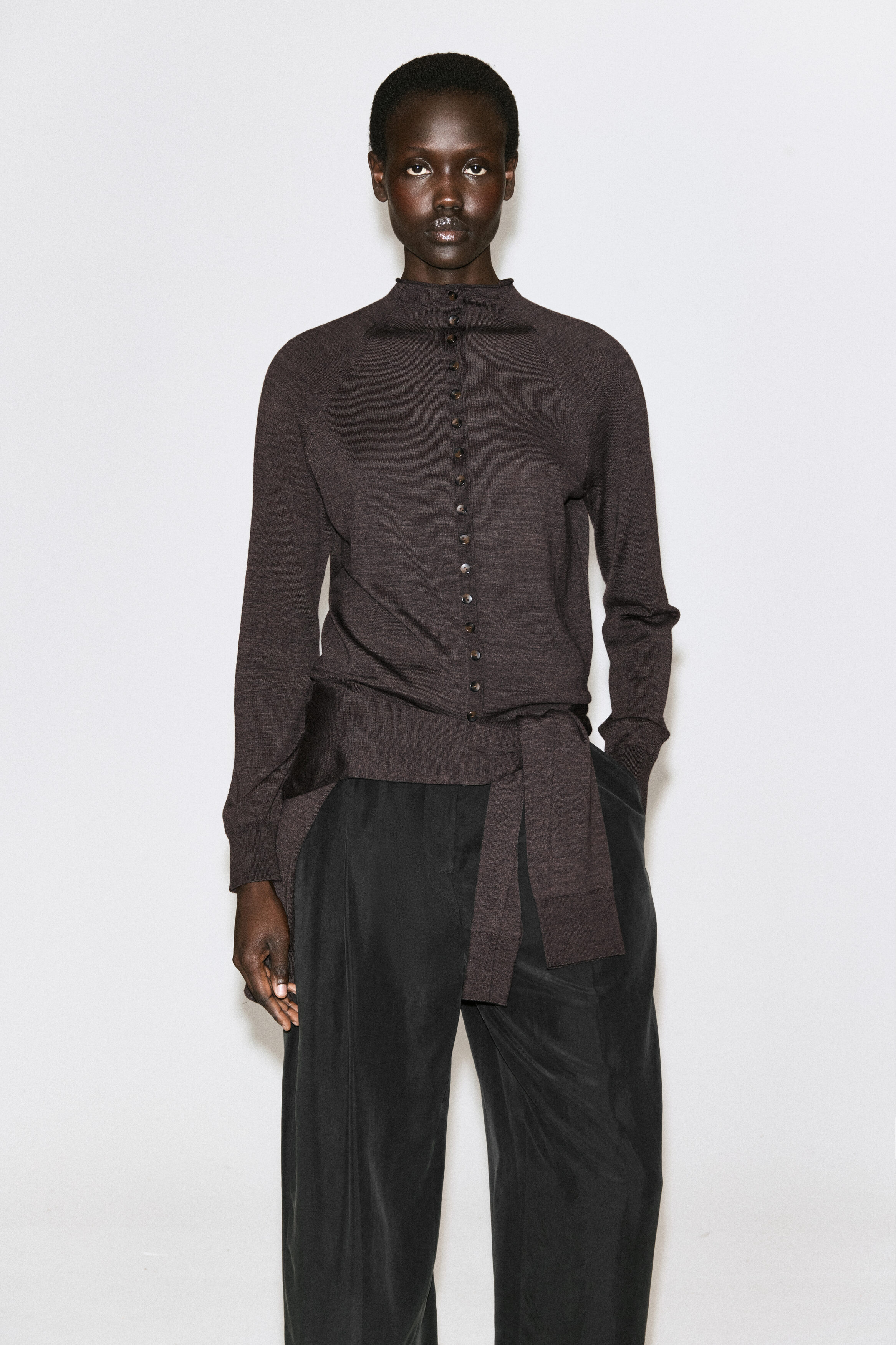 MERINO WOOL MOCK-NECK CARDIGAN - BROWN MÉLANGE