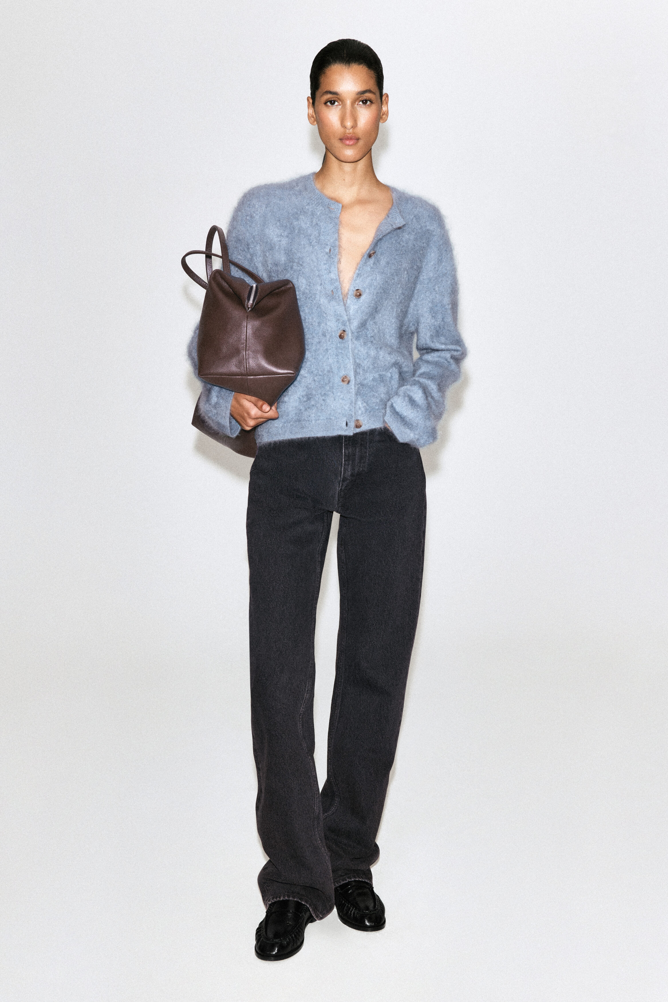 BRUSHED-CASHMERE CREW-NECK CARDIGAN - BLUE