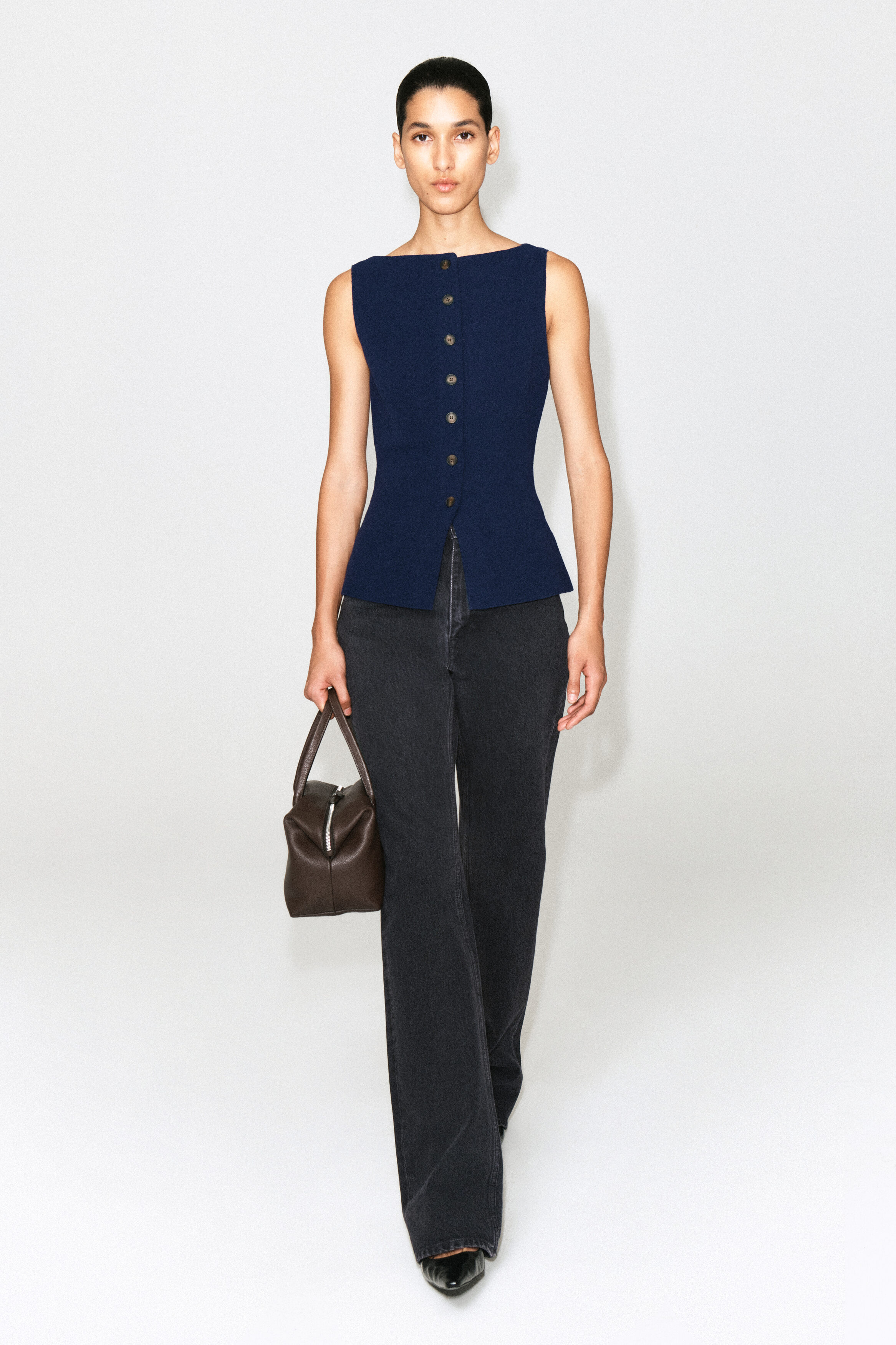 COTTON-BLEND CREPE VEST - NAVY