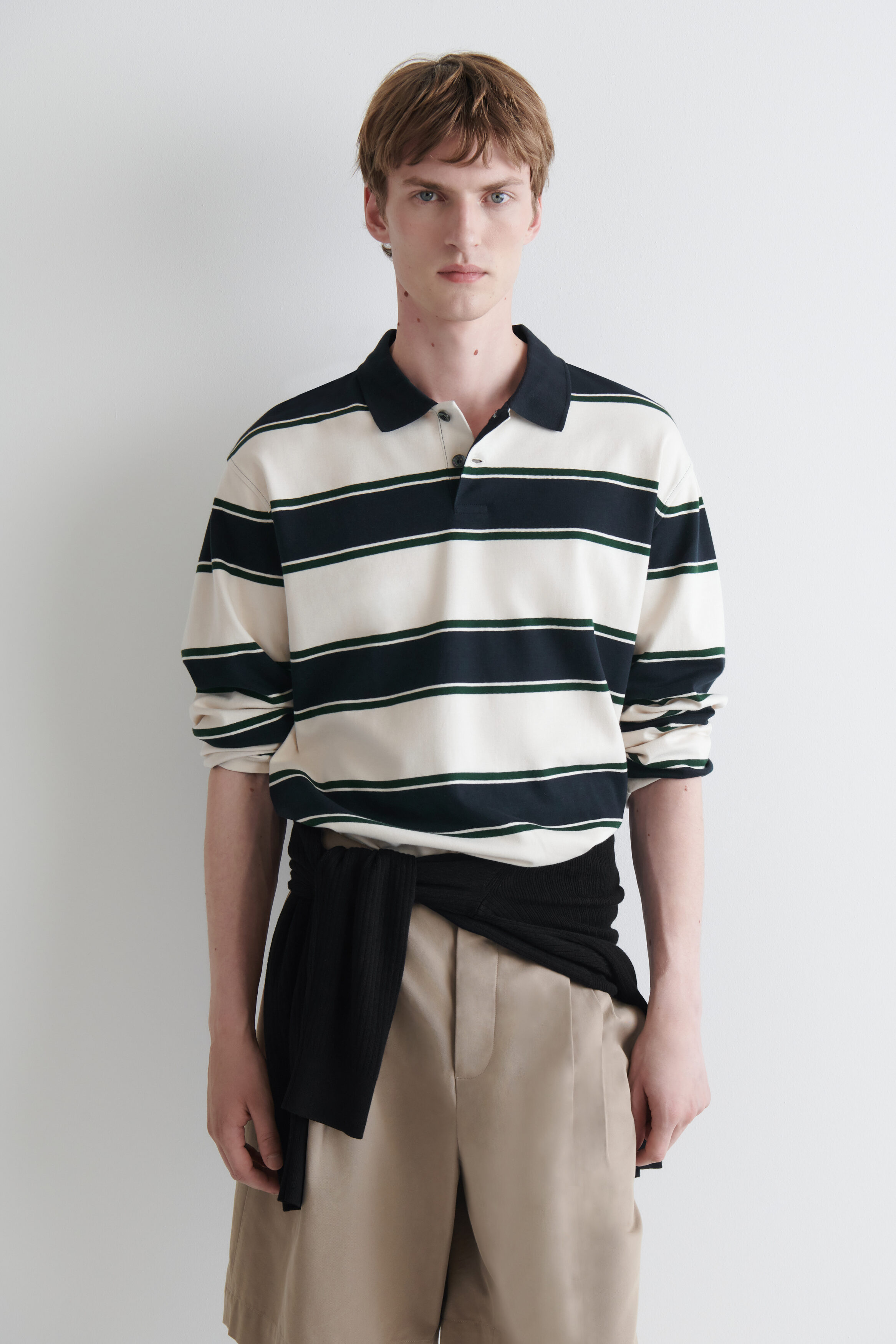 INTERLOCK COTTON POLO SHIRT - WHITE / NAVY / STRIPED