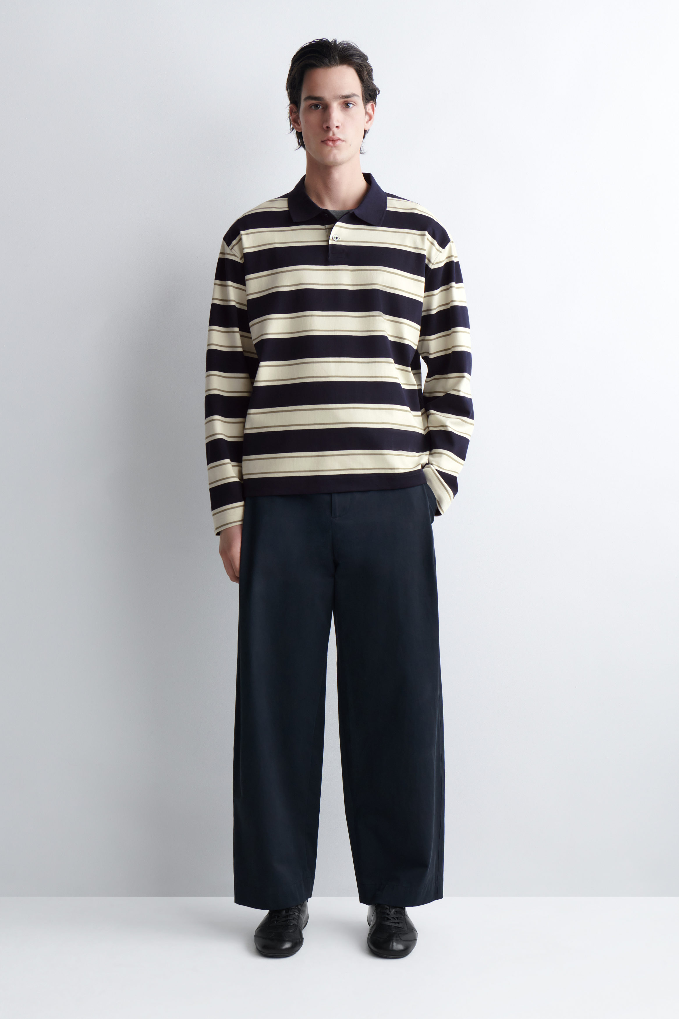 INTERLOCK COTTON POLO SHIRT - ECRU / NAVY / STRIPED