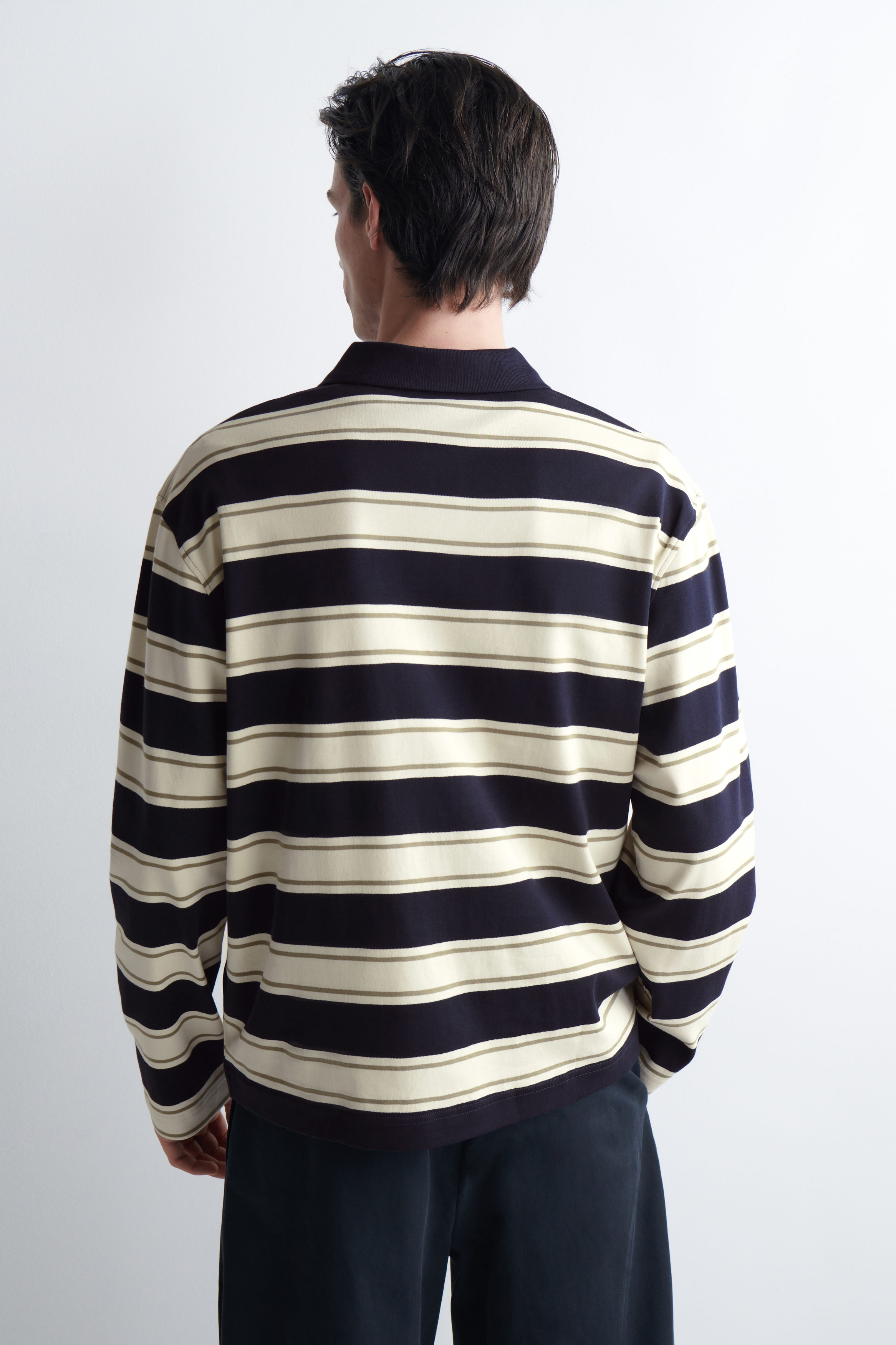 INTERLOCK COTTON POLO SHIRT - ECRU / NAVY / STRIPED