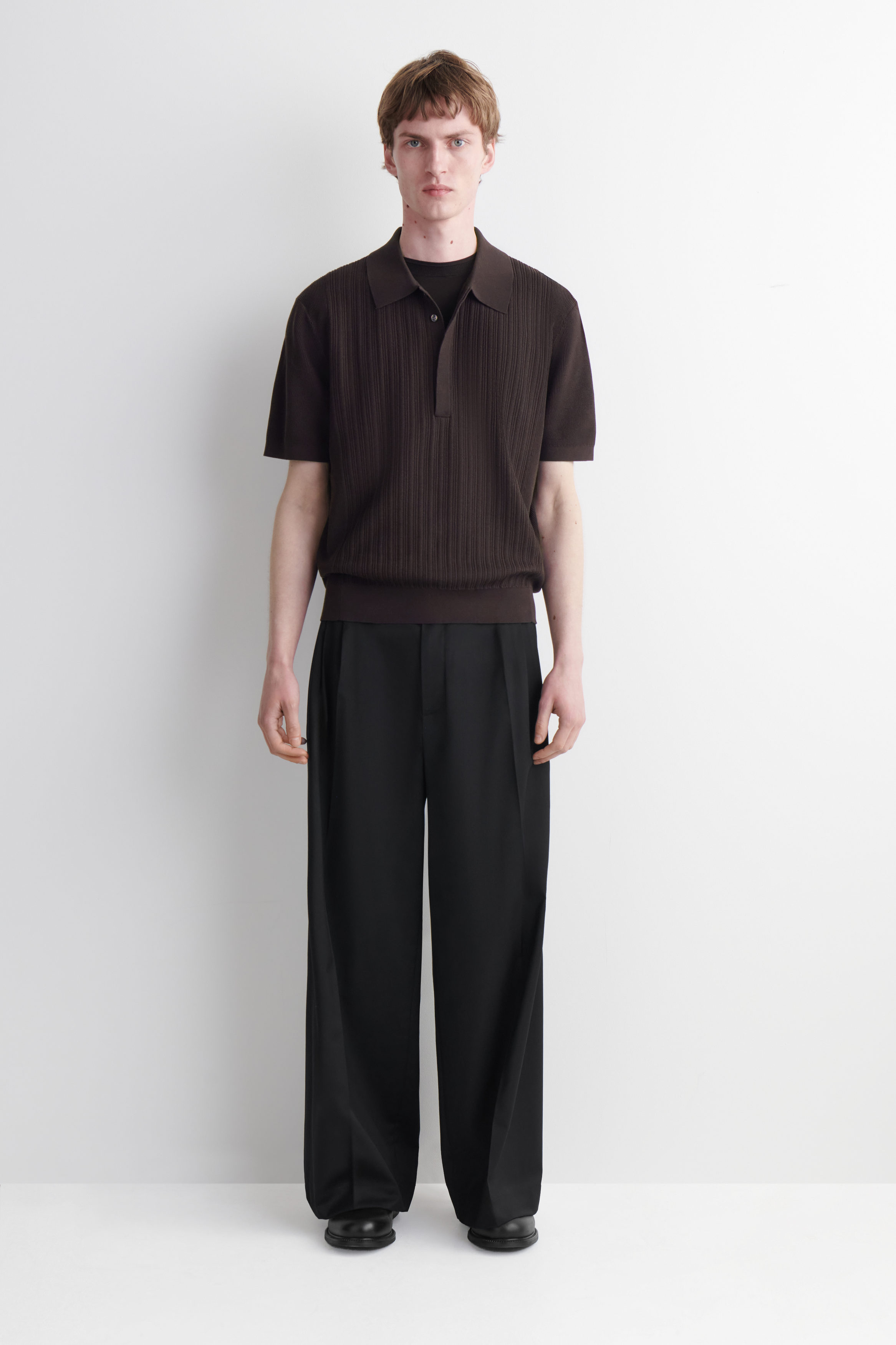 TEXTURED-PANEL COTTON POLO SHIRT - DARK BROWN