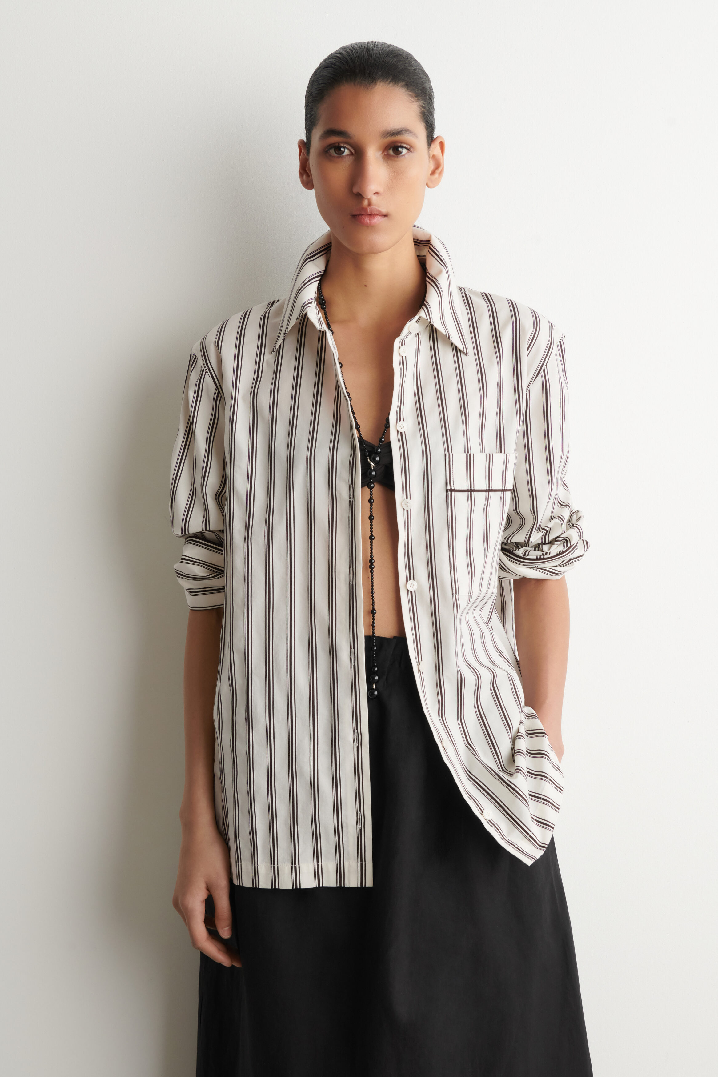 PIPED STRIPED COTTON SHIRT - WHITE / BROWN / STRIPED