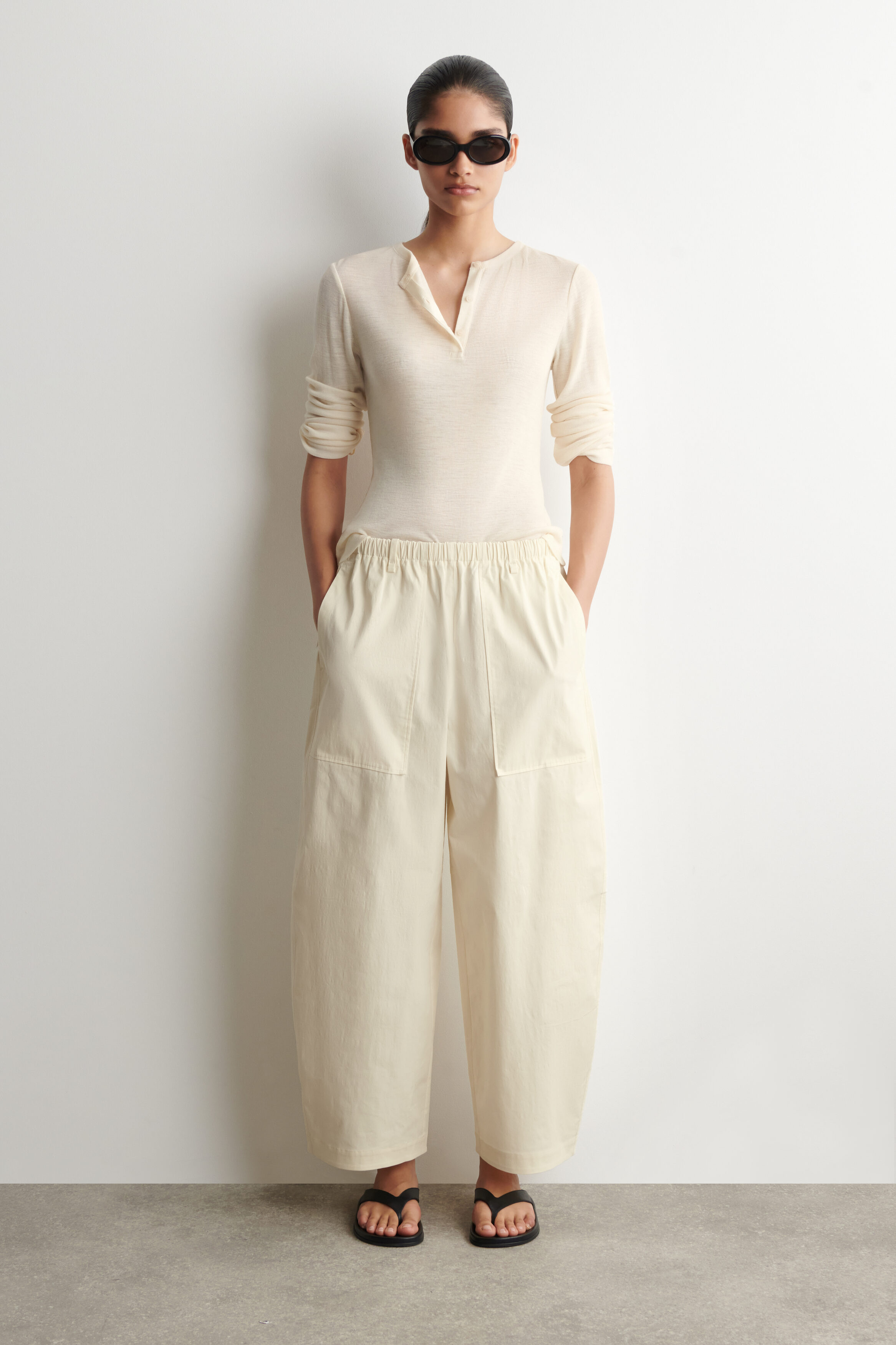 COTTON BARREL-LEG UTILITY PANTS - CREAM