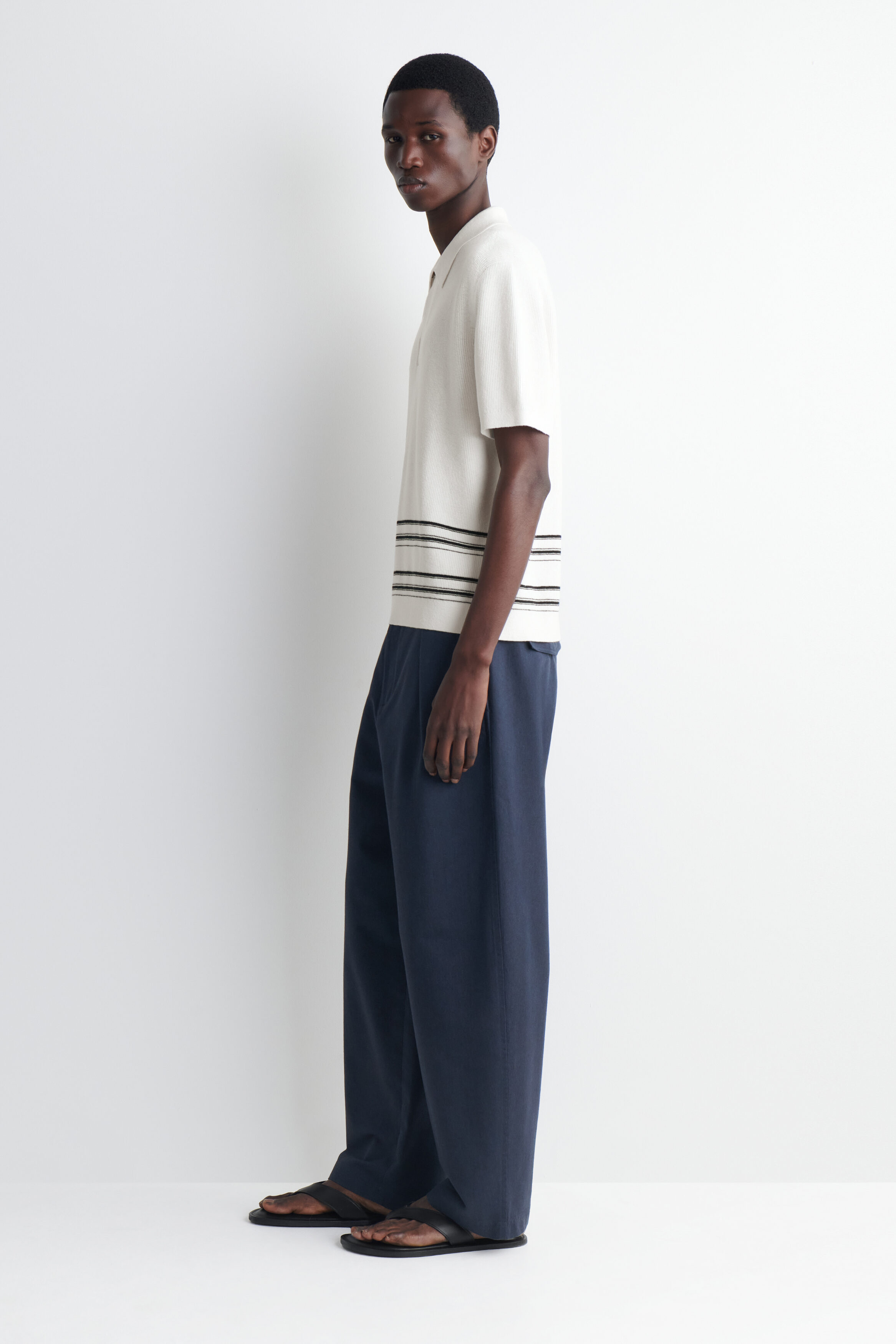STRIPED KNITTED COTTON-LINEN POLO SHIRT - CREAM / STRIPED