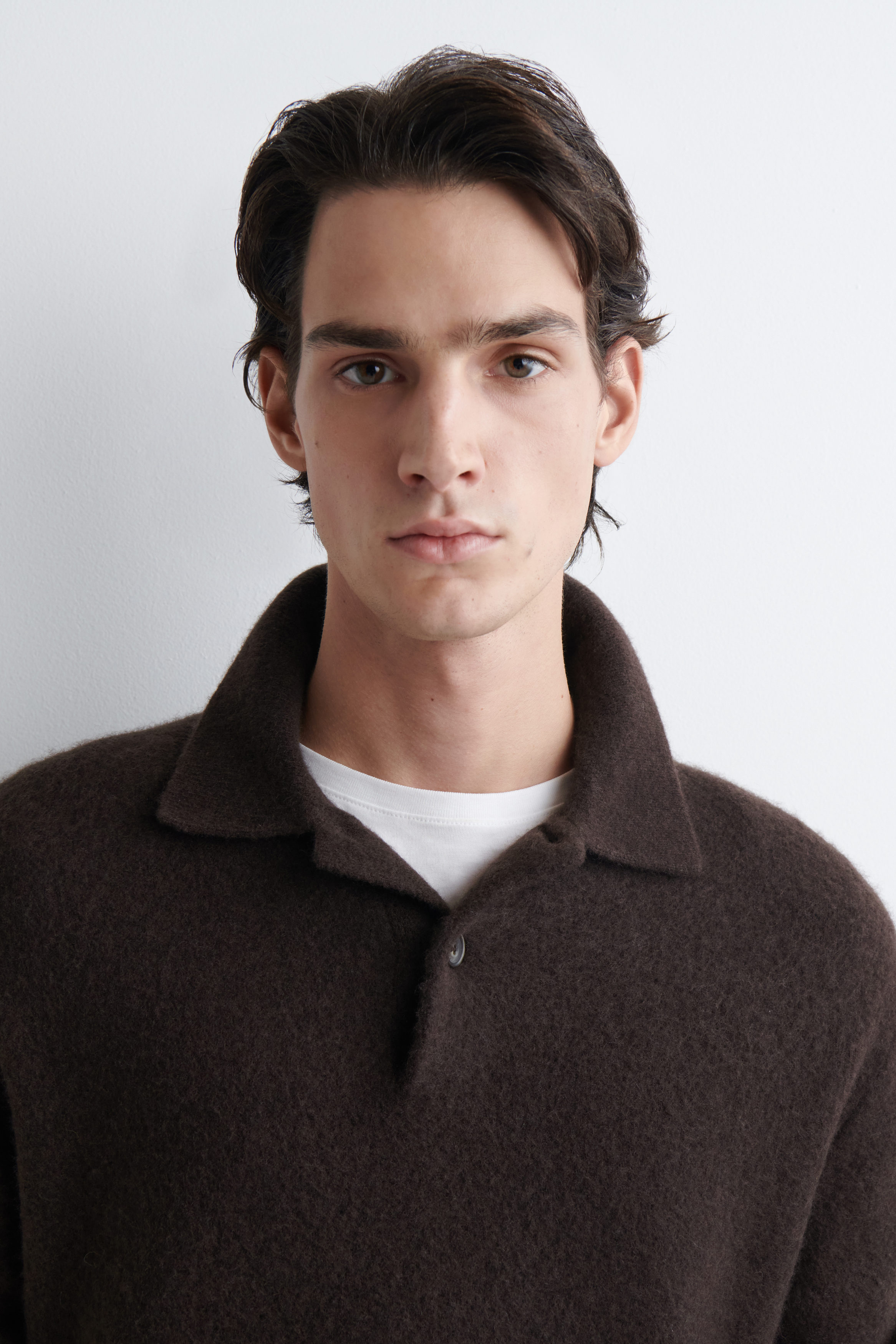 BRUSHED-WOOL POLO SHIRT - DARK BROWN