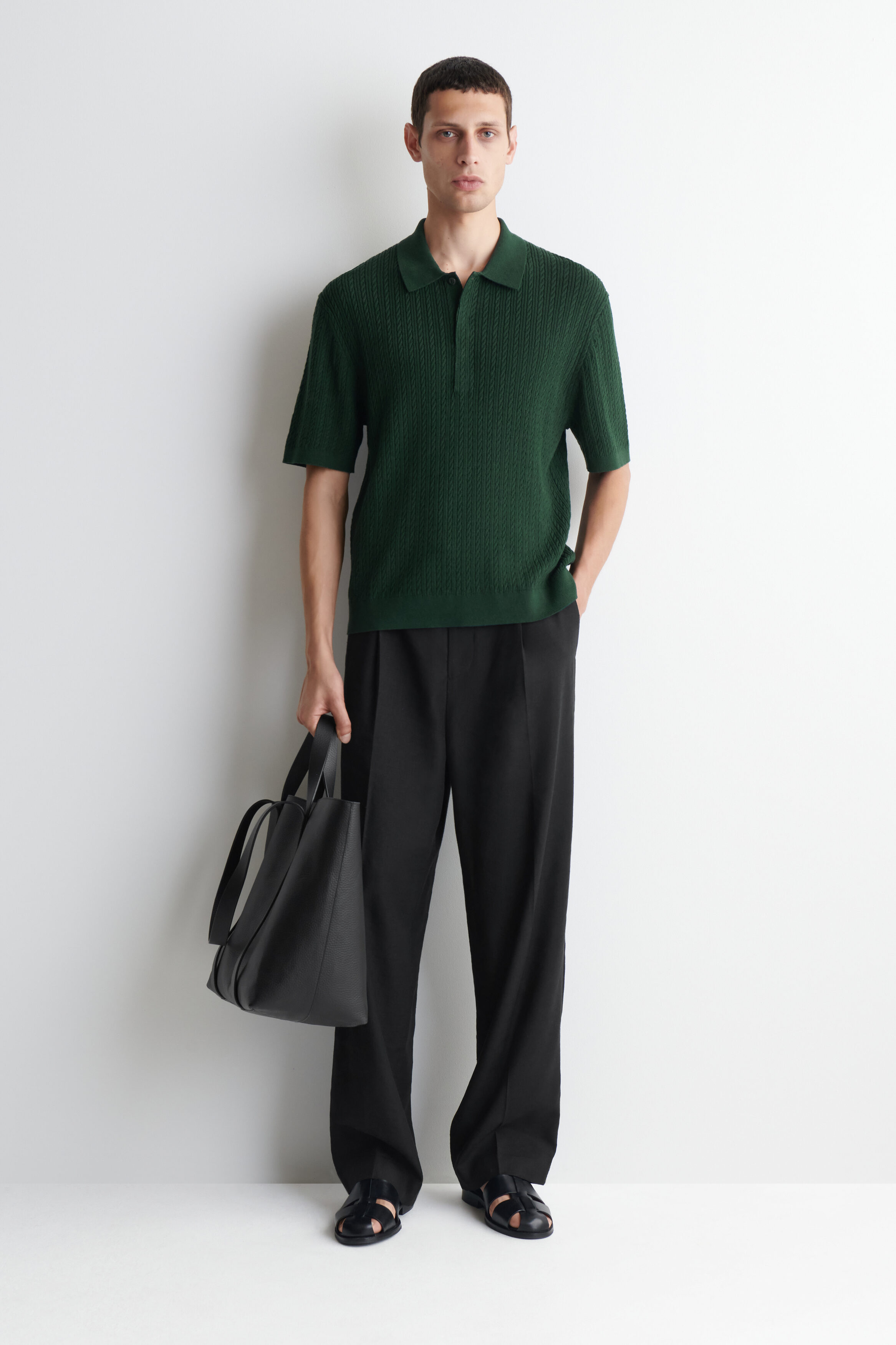 CABLE-KNIT COTTON-LINEN POLO SHIRT - DARK GREEN