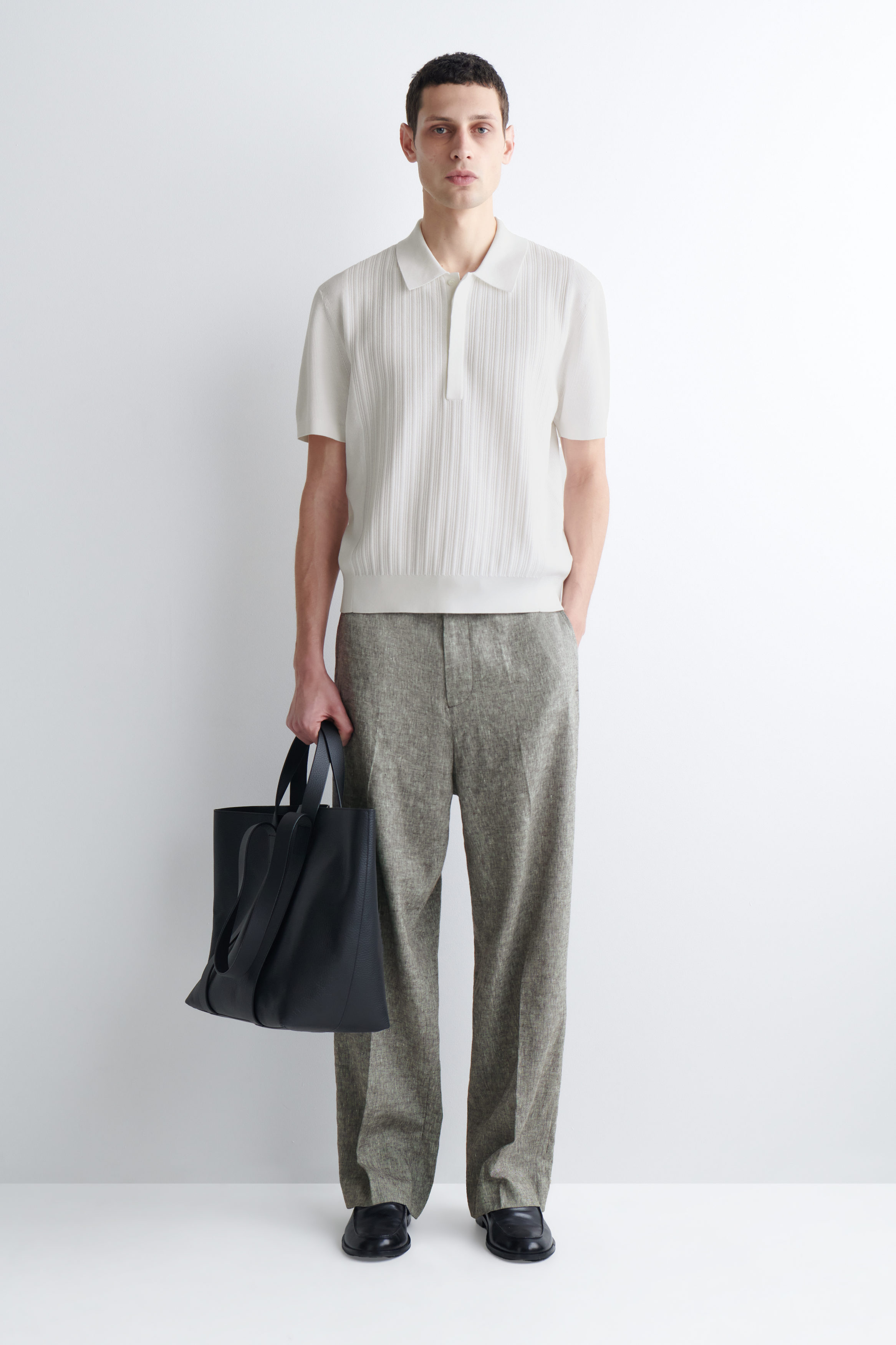 TEXTURED-PANEL COTTON POLO SHIRT - WHITE