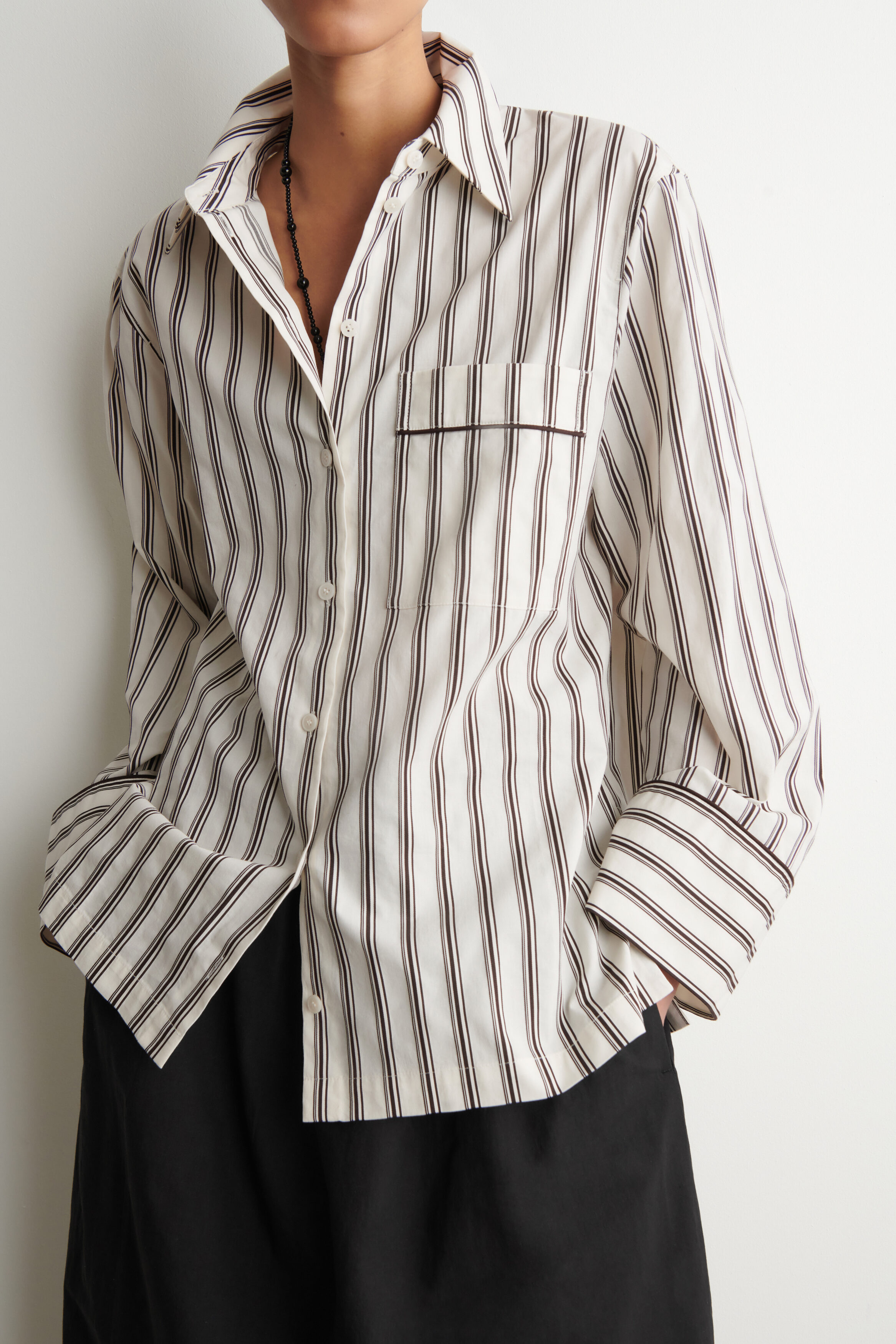 PIPED STRIPED COTTON SHIRT - WHITE / BROWN / STRIPED