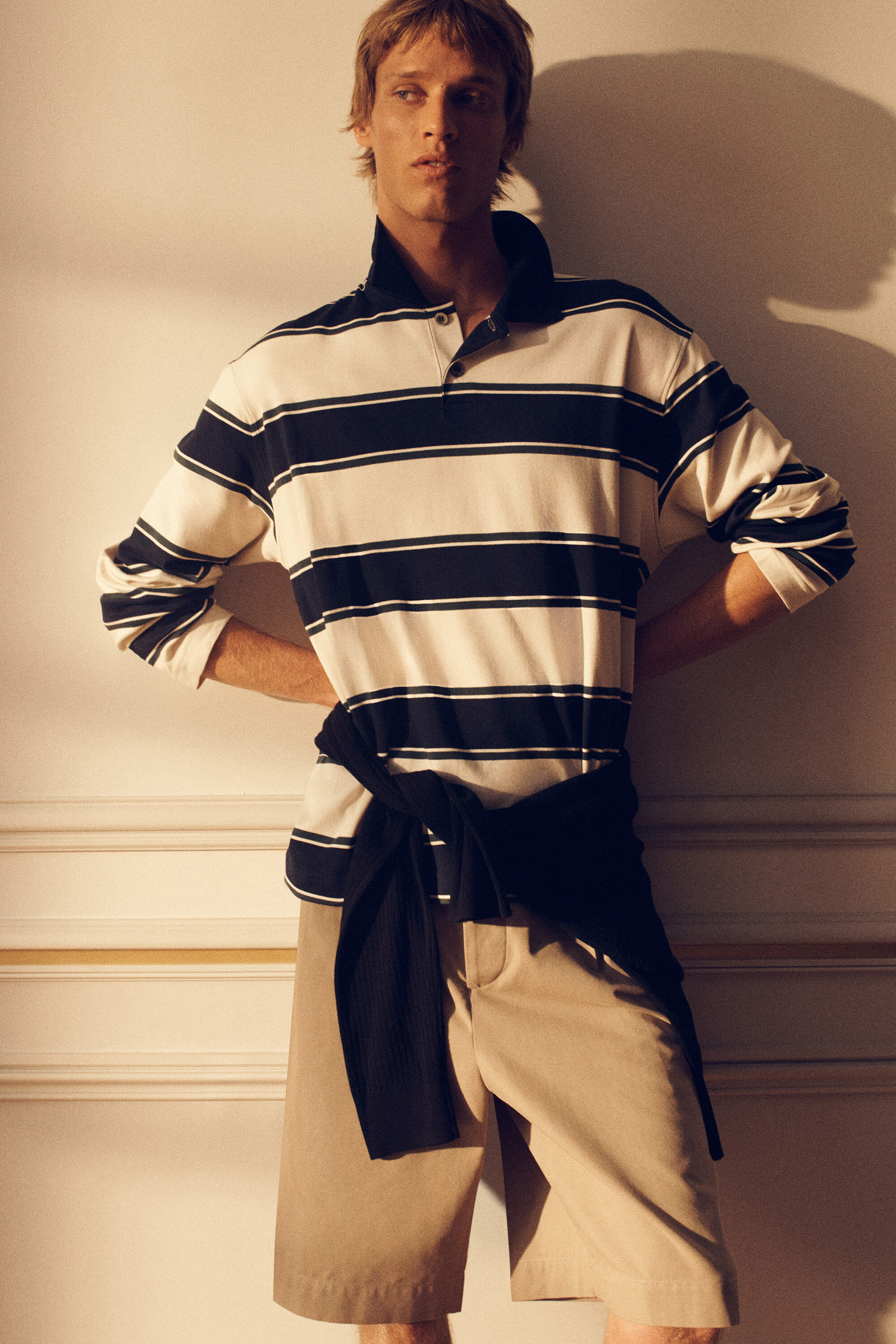 INTERLOCK COTTON POLO SHIRT - WHITE / NAVY / STRIPED