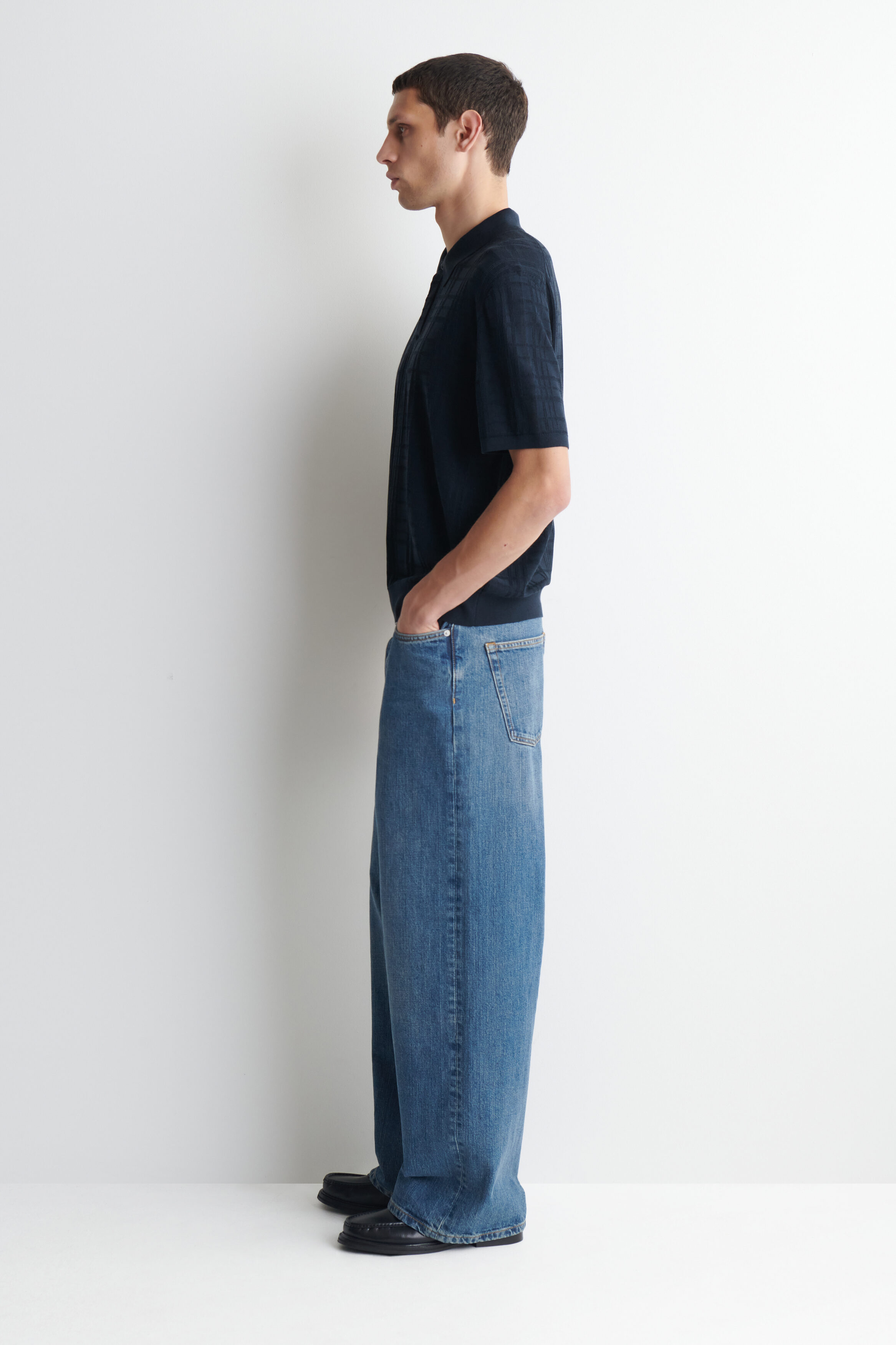 CHECKED JACQUARD-KNIT POLO SHIRT - NAVY / CHECKED